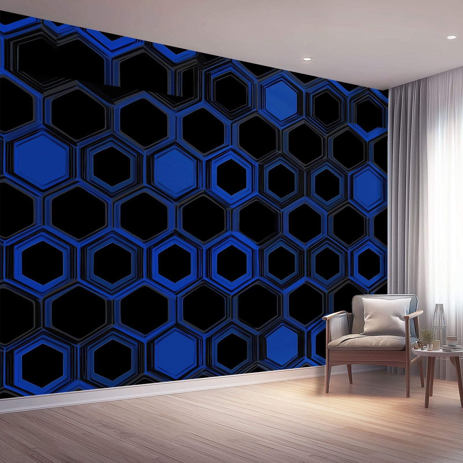 Photo Wallpaper Minimalist Geometric 400x280 cm, Non-Woven Wall Mural Abstract Honeycomb Diamond Print Art Fleece Poster Mural, Black Blue 3D Wallpaper Decoration for Living Room Bedroom Kids Room