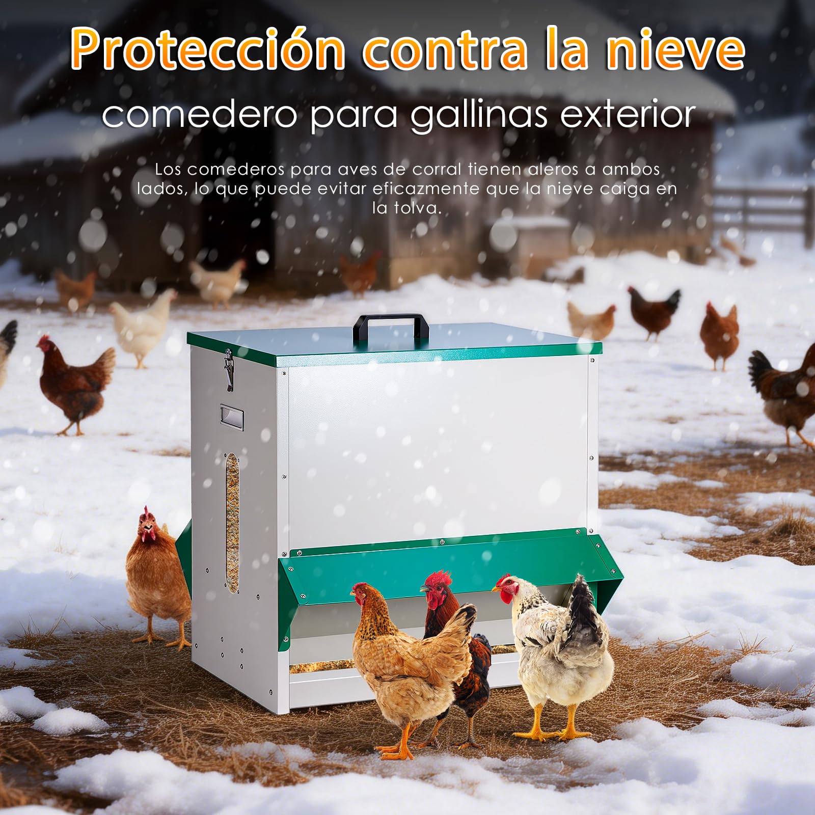 Comedero Gallinas Metalico 45kg Dispensador Automático, Alimentador Grande | Diseño Exterior Estable y Resistente a La Lluvia, Reduce La Carga de Trabajo