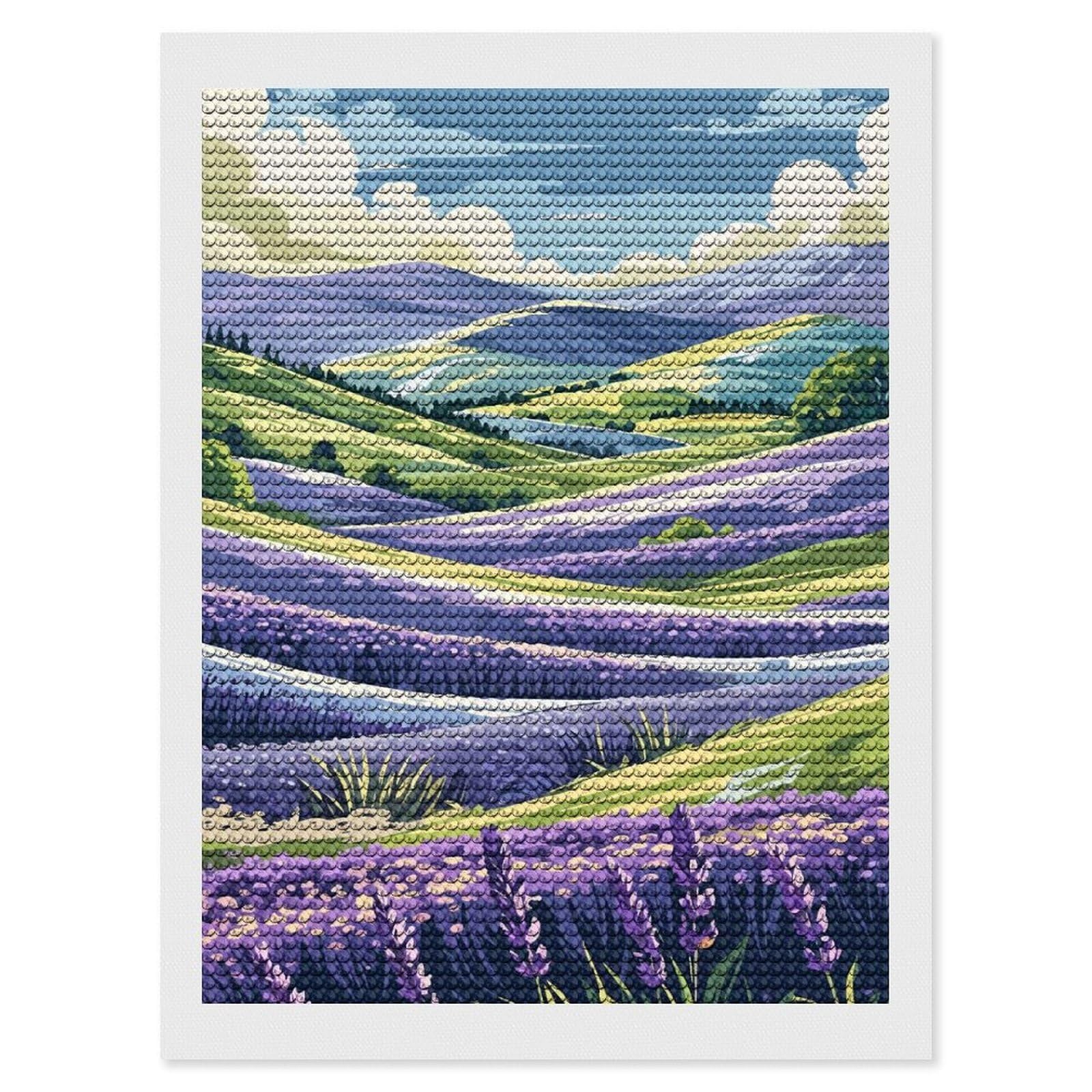 Junmoney Lavender Field Landscape Illustration Diamond Painting Canvas Set 12"x16", for Beginners, Complete Accessories, Christmas Gift, Modern Decor