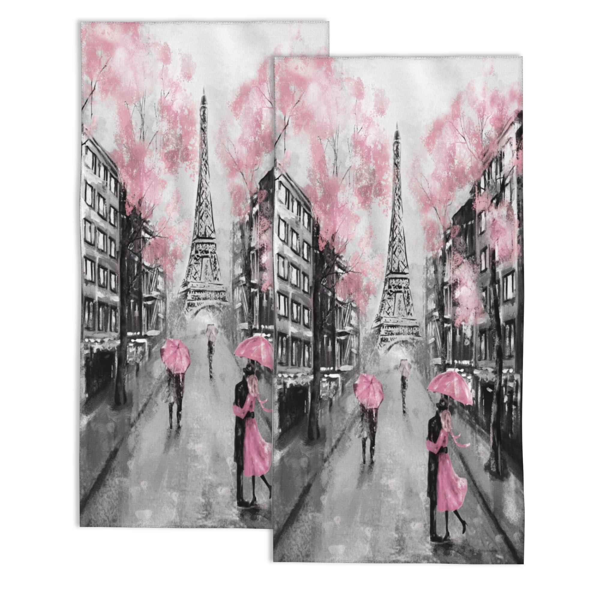 Eiffel Tower Hand Towel Set of 2,Pink Paris Decorative Bathroom Towels Face Washcloths Fingertip Towels 28 x 14 Inch Soft Bath Dish Cloth for Kitchen