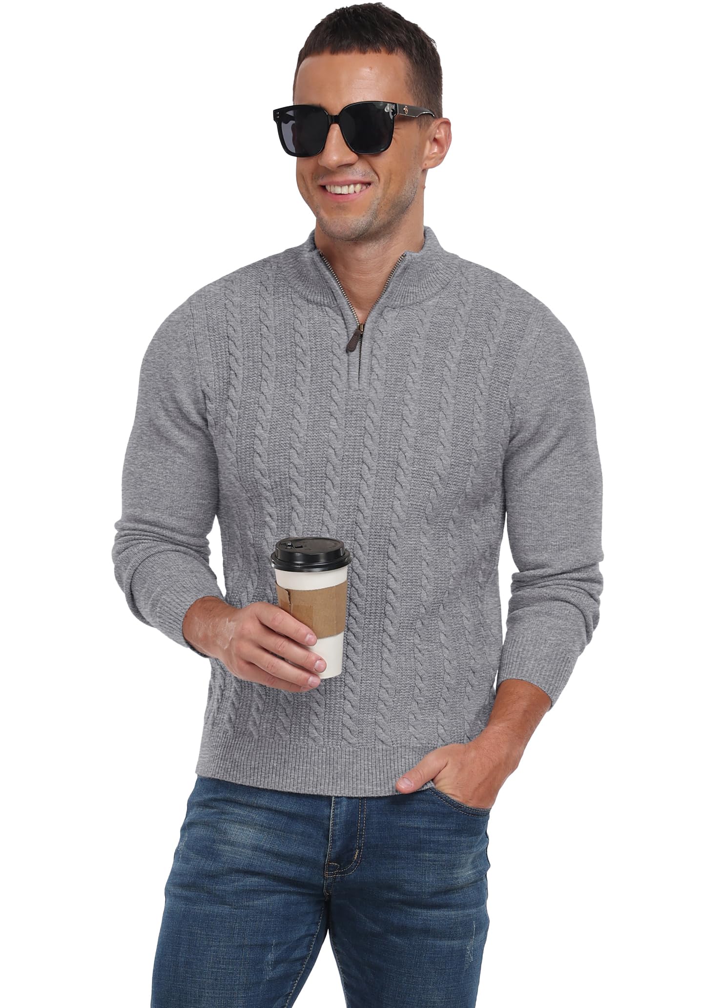 Hisir Maglione invernale da uomo con cerniera, a girocollo, a maniche lunghe, stile casual