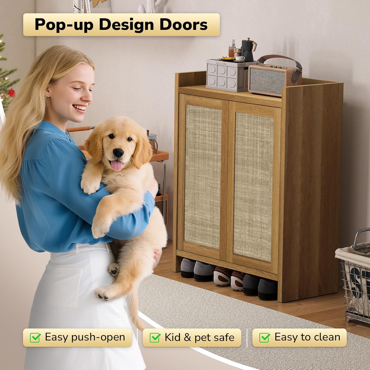 Boho 2 Doors Shoe Storage Cabinet for Entryway, Farmhouse Wooden Shoe Organizer for Front Door Entrance Hallway, Zapatero Organizador Rattan Shoes Cabinet (Oak, 2 Doors, 2 PCS)