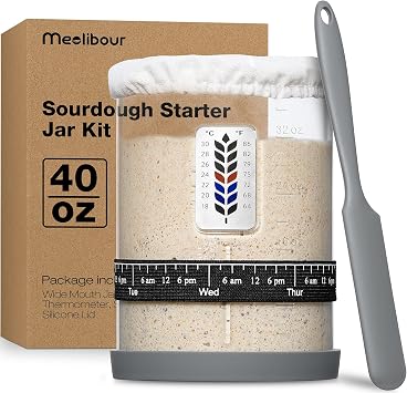 Premium Pro Sourdough Starter Jar Kit - 40oz Large Wide Mouth Sourdough Bread Jar with Marked Feeding Band, Thermometer, Scraper, Cloth Cover and Silicone Lid/Base, Glass Container, Baking Supplies