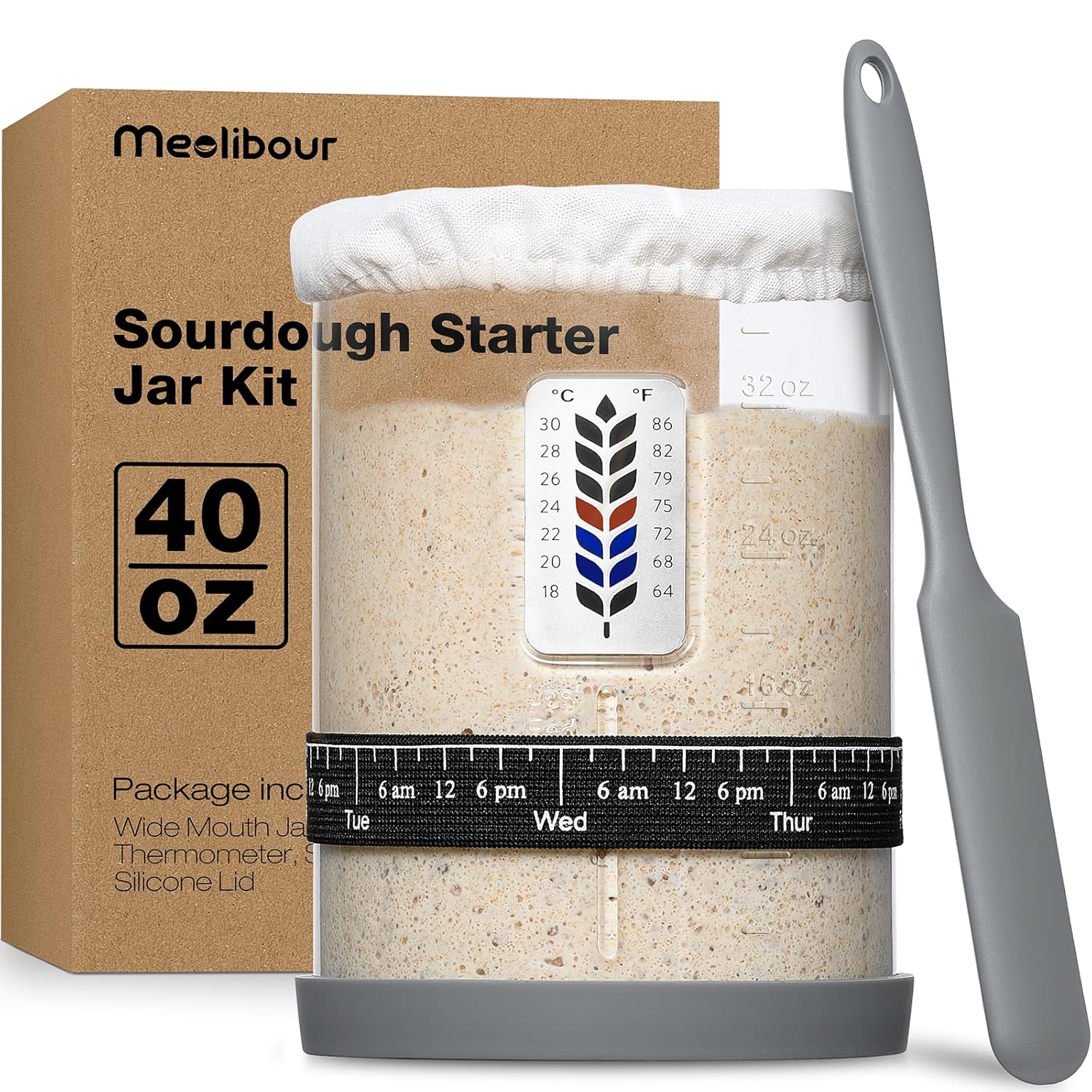 Premium Pro Sourdough Starter Jar Kit - 40oz Large Wide Mouth Sourdough Bread Jar with Marked Feeding Band