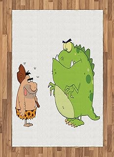 Lunarable Jurassic Area Rug, Caveman and Angry Dinosaur Cartoon Style Characters Barbarian Comic, Flat Woven Accent Rug for Living Room Bedroom Dining Room, 4' X 5' 7", Lime Green Peach Brown