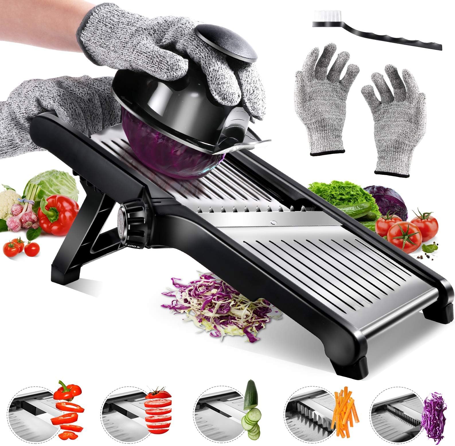 Mandoline Vegetable Slicer, Stainless Steel Mandoline Food Slicer, Adjustable Kitchen Mandolines with Julienne Cutter for Potatoes, Onions, Grater, Send Cut-Proof Gloves & Cleaning Brush