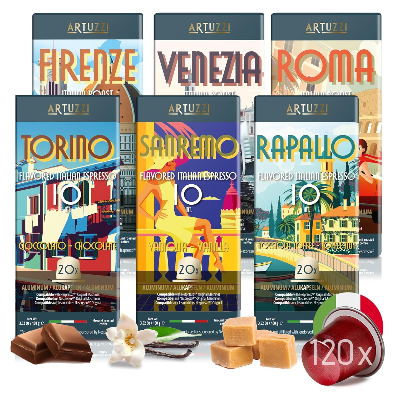 Artuzzi 120ct Espresso Pods For Nespresso Compatible Capsules Original Machines | Italian Coffee Variety - Ristretto Lungo Espresso Toffeenut Caramel Vanilla Chocolate | Aluminum