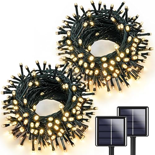 Miniatura 1 de Paquete de 2 tiras de luces solares para exteriores, total de 240 luces LED extra brillantes, cable verde impermeable, 8 modos, luces solares de