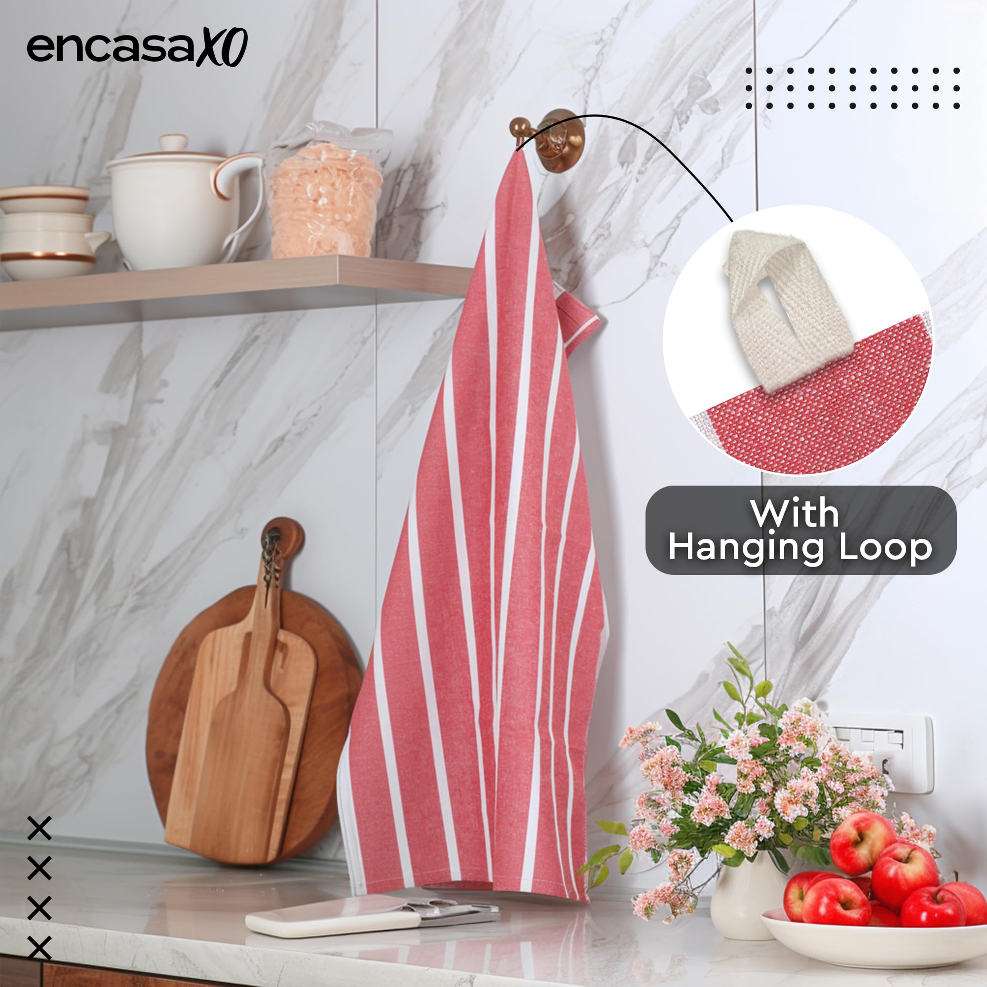 Encasa XO Kitchen Cloth for Cooking | Cotton Hand Towel for Drying Dishes | 70x45 cm Tea Towels | Highly Absorbent for Cleaning & Quick Drying of Plates | Roma Red Stripes (Set of 4 Pieces) 4