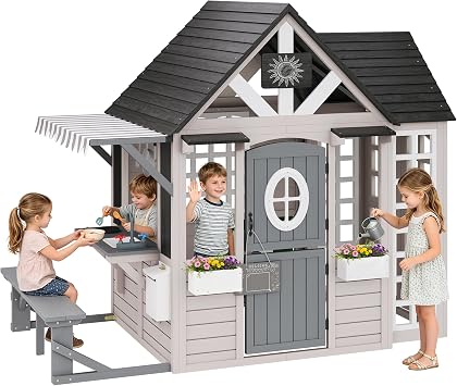 SPECRAFT Large Outdoor Wooden Playhouse for Kids, Backyard Play House with Kitchen Playset, Bench, Chalkboard, Mailbox, Pet Door and Flower Boxes, Pretend Cottage for Boys and Girls Ages 3-8