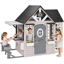 SPECRAFT Large Outdoor Wooden Playhouse for Kids, Backyard Play House with Kitchen Playset, Bench, Chalkboard, Mailbox, Pet Door and Flower Boxes, Pretend Cottage for Boys and Girls Ages 3-8
