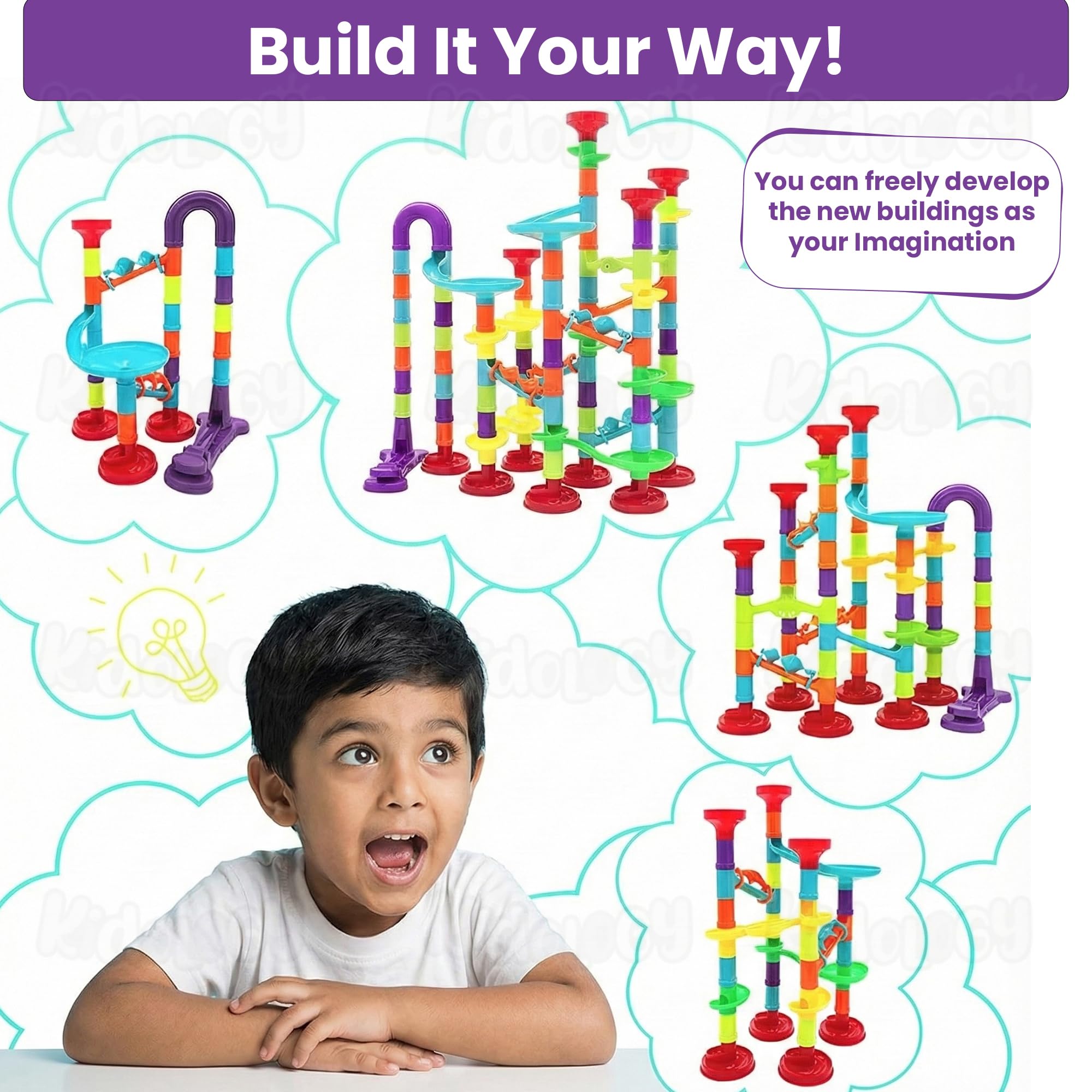 Kidology 3D Marble Run DIY Construction Building Blocks Toys for Kids Marble Race Track Play Set Assemble Tower Toy STEM Educational Toys Gift for Kids (Marble Run Track, 113 PCs) 3
