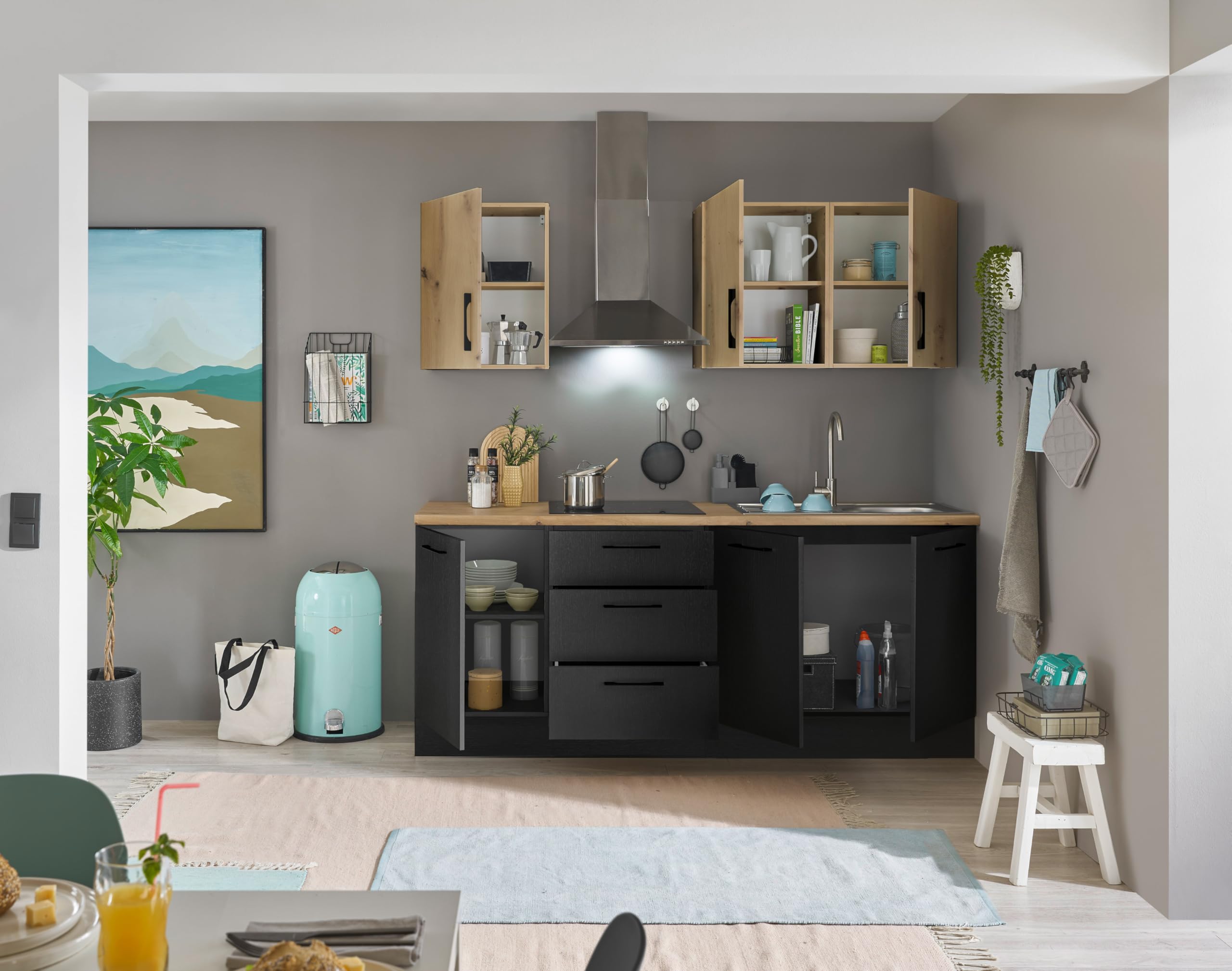 Stella Trading Turin ZB Küchenzeile 210 x 211 x 60 cm, schwarz - Ohne Küchengeräte - Moderne, geräumige Küche in Artisan-Eiche Optik mit viel Stauraum