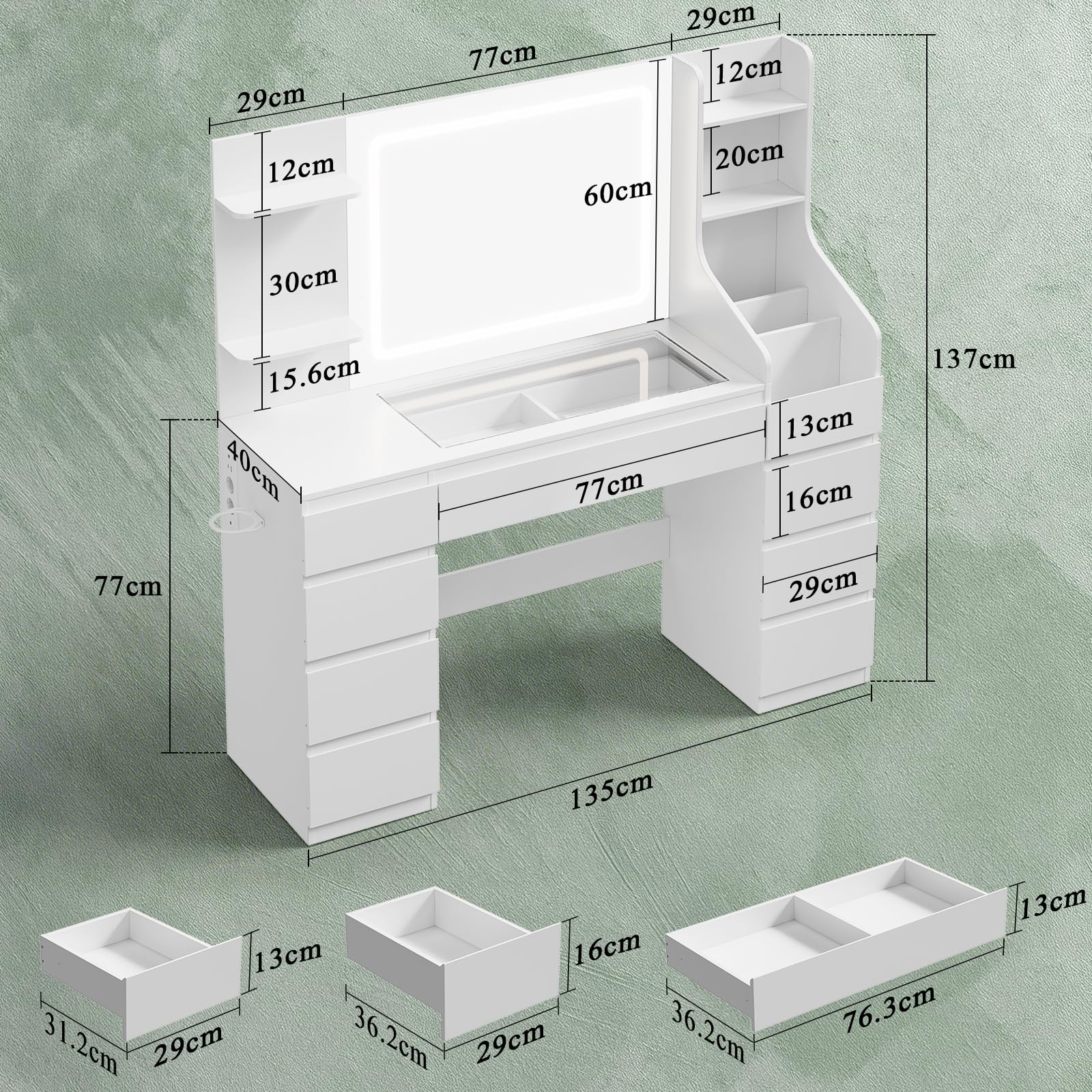 TRIUMPHKEY Schminktisch mit Spiegel und Beleuchtung, 135 cm Schminktisch Groß mit Steckdose, USB, Schubladen & Glasplatte – Weißer Vanity Tisch als Frisiertisch/Dressing Table für Schlafzimmer
