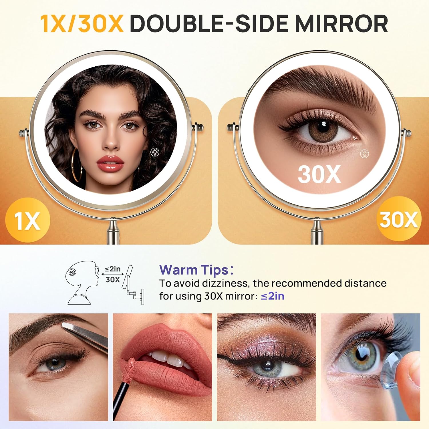 9" Wall Mounted Lighted Makeup Mirror, 30X/1X Double Sided Magnifying Mirror with Lights, 3000mAh Rechargeable, Touch Control, 3 Color Brightness Dimmable, Extendable Arm 360°, Brushed Nickel