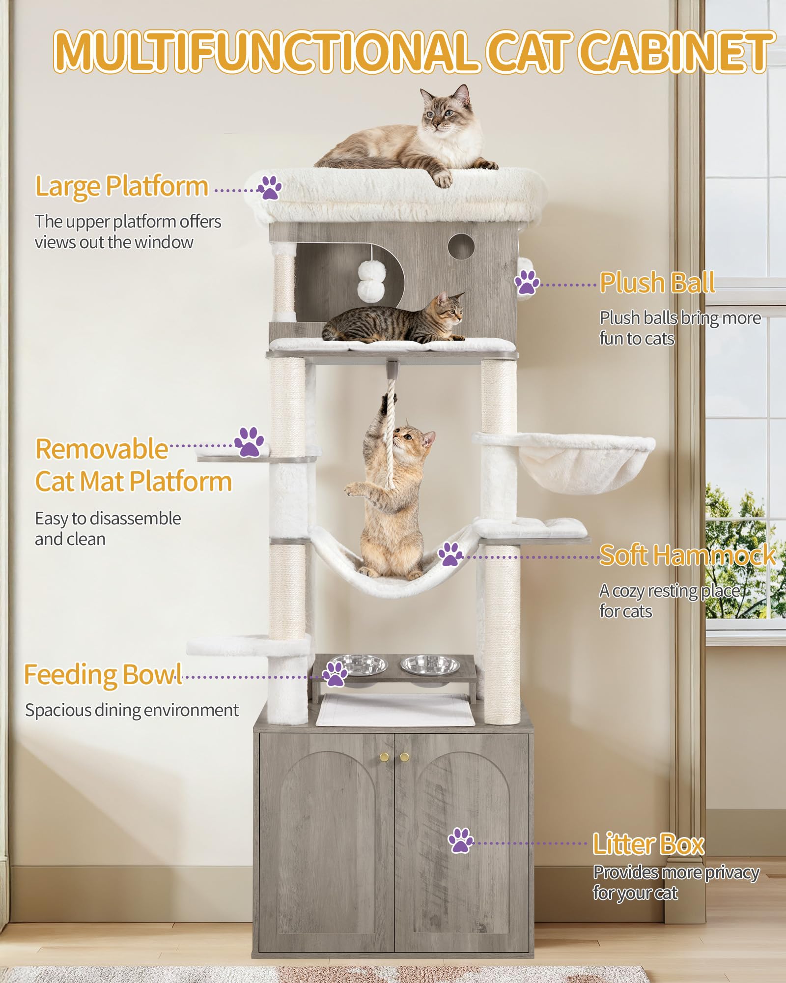 Hzuaneri 176 cm Árbol para Gatos, Casa para Gatos con Mueble para Bandeja Higiénica, Soporte para Comedero Elevado, Cuerda de Sisal, Hamaca y Cojín Lavable, Marfil Claro CB89105WT