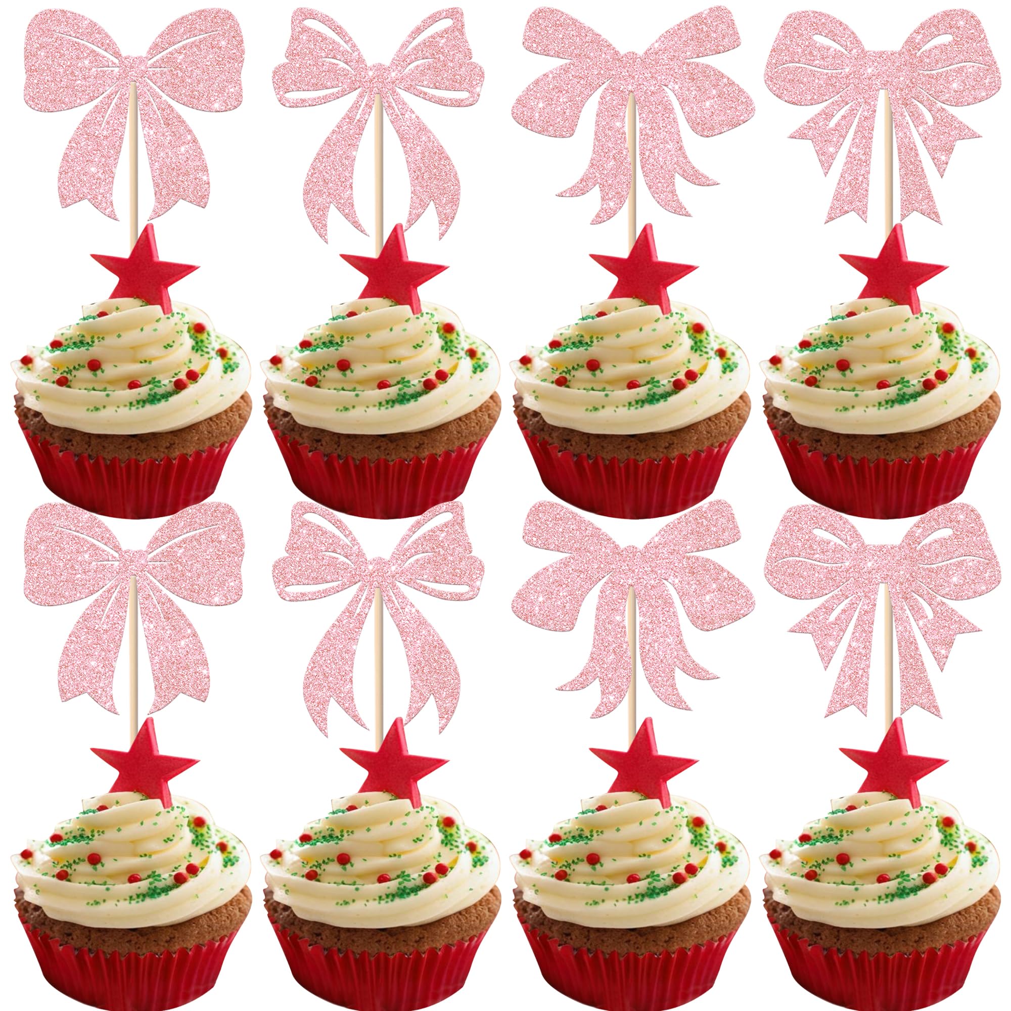 Xsstarmi 24 Pack Bow Cupcake Toppers Glitter Pink Bow Themed Birthday Cupcake Picks Bowknot Cupcake Decorations for Wedding Engagement Bridal Shower Birthday Party Cake Decorations Supplies โ image 1