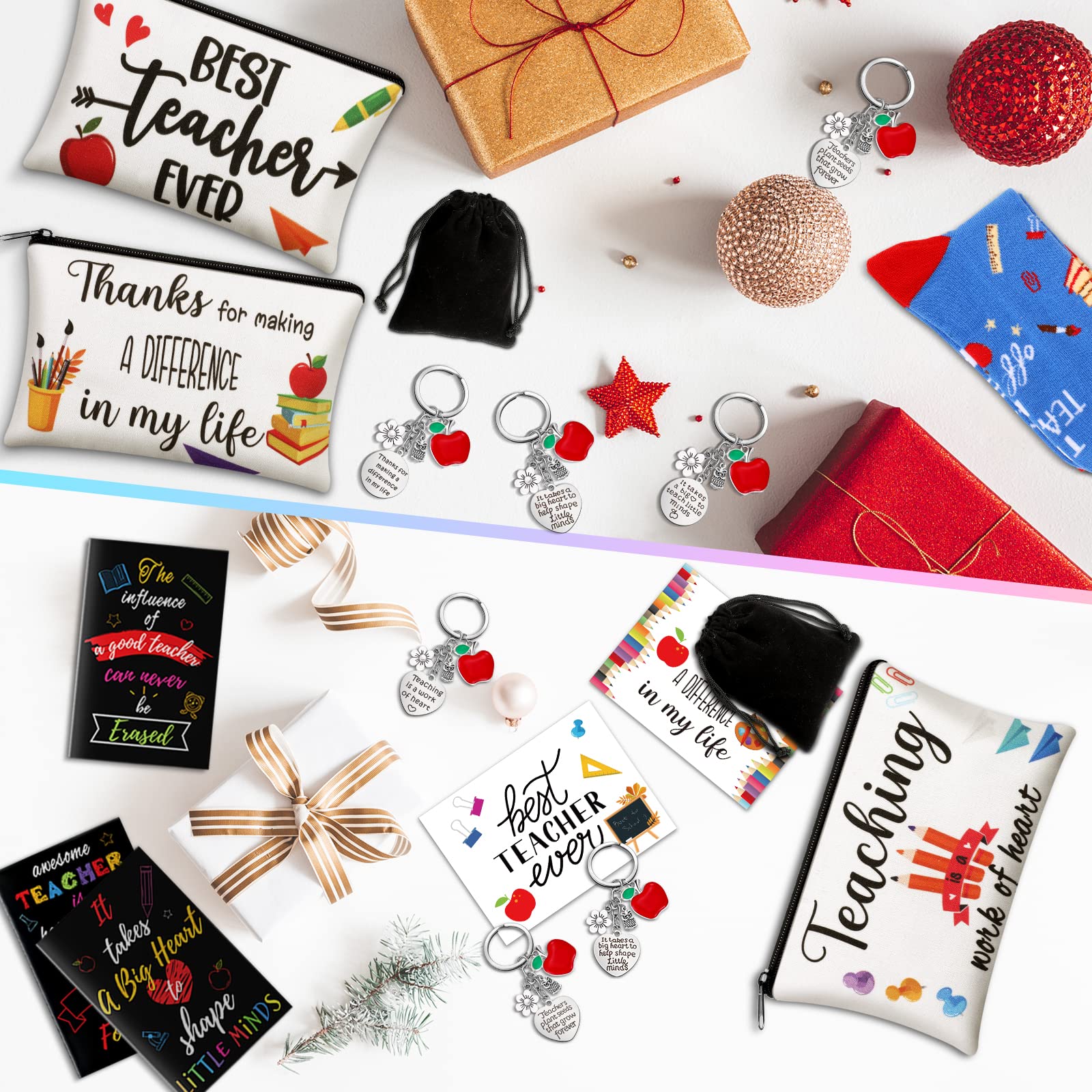 Eaasty 36 Sets Teacher Graduation Gifts Bulk Makeup Pouch Cosmetic Pencil Bag Keychains Inspirational Notebooks Cards and Socks for Teacher Appreciation Graduation Gifts