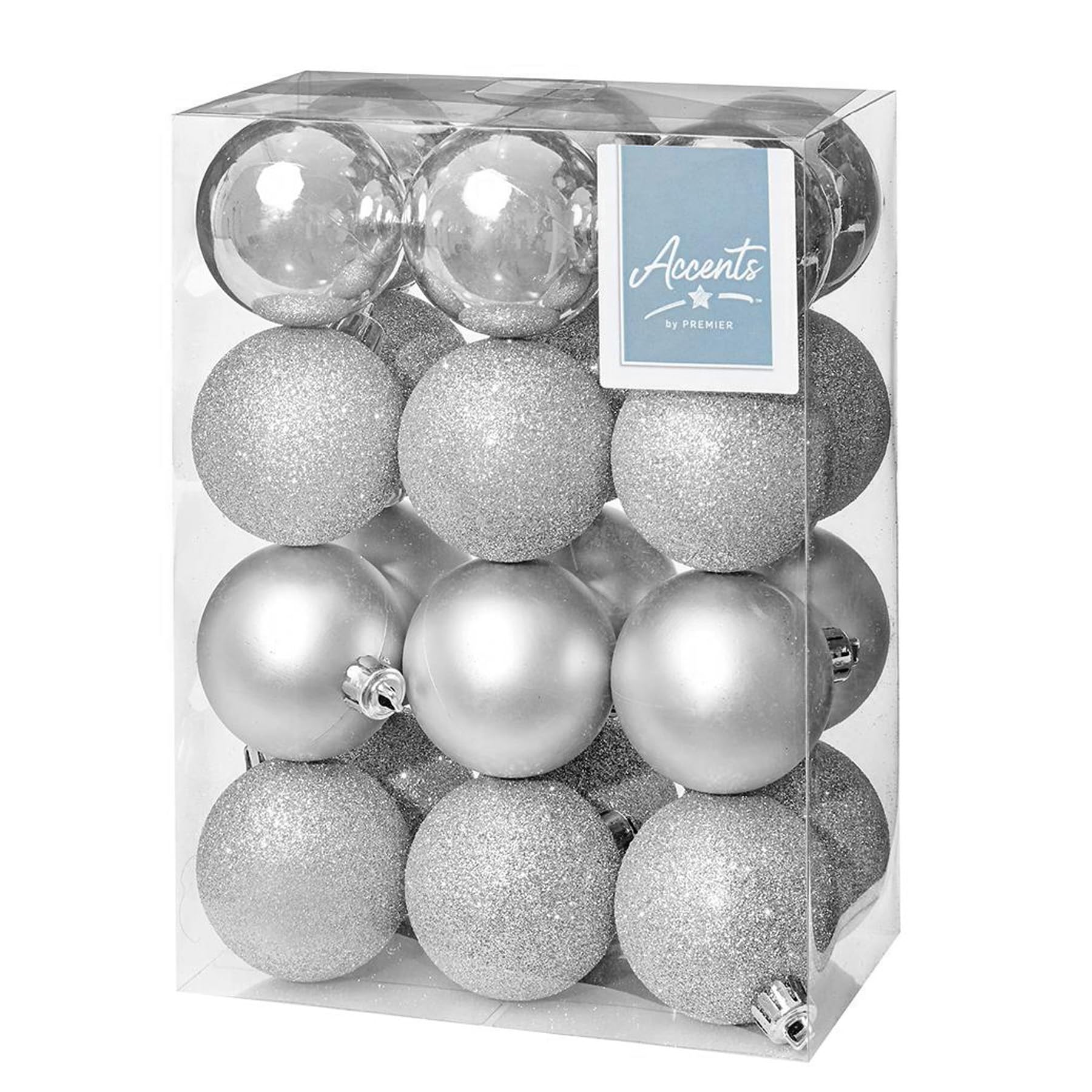 Shatterproof Christmas Baubles 24 Pack 60mm Premier Christmas Tree Decoration, matt, shinny and glitter baubles (Silver 5474) — image 1