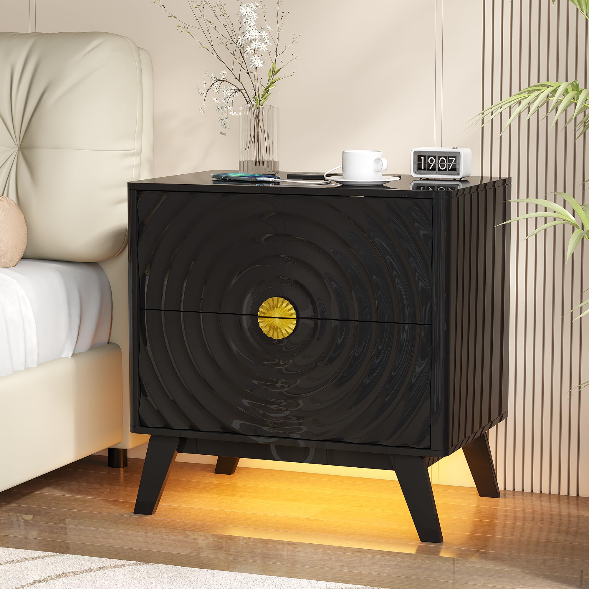 Lvifur Modern Bedside Table - with LED Lighting and Human Body Sensor,Smart Bedside Tables with 2 AC Outlets and USB/Type-C,Wood Side Table with 2 Drawers Suitable for Bedroom/Living Room,Black