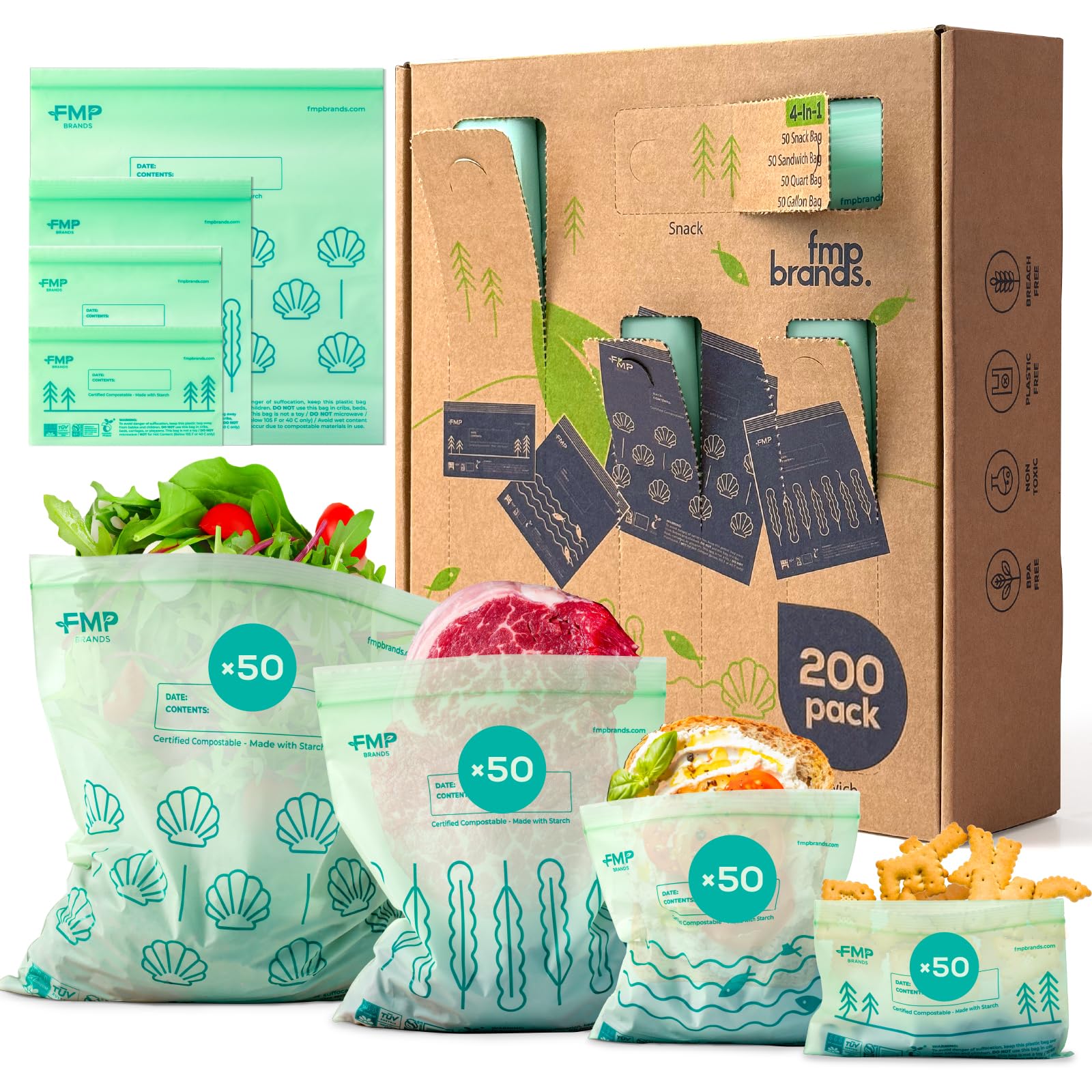 Fit Meal Prep Juego de bolsas Ziplock 100% compostables, bolsas resellables de almacenamiento de alimentos a base de plantas, aptas para congelador, bolsa con cremallera para alimentos, ASTM D6400,