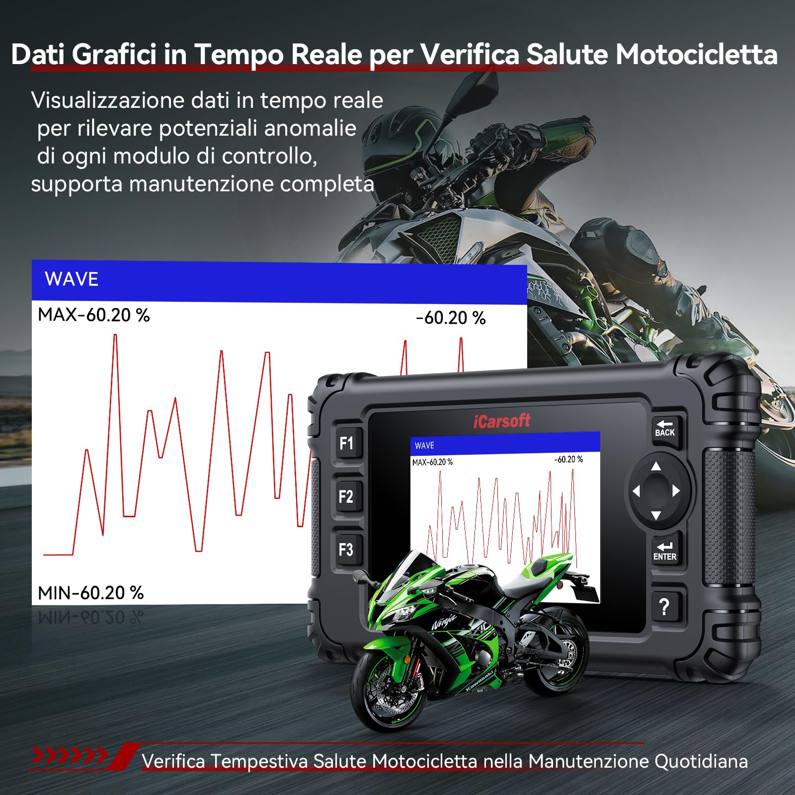 Motorrad Diagnosegerät für Kawasaki, iCarsoft MT V6 Motorrad Alle System Scan Werkzeuge mit Alle Aktuationstests, Sonderfunktionen, Batterietest, Lesen/Löschen von Fehlercodes