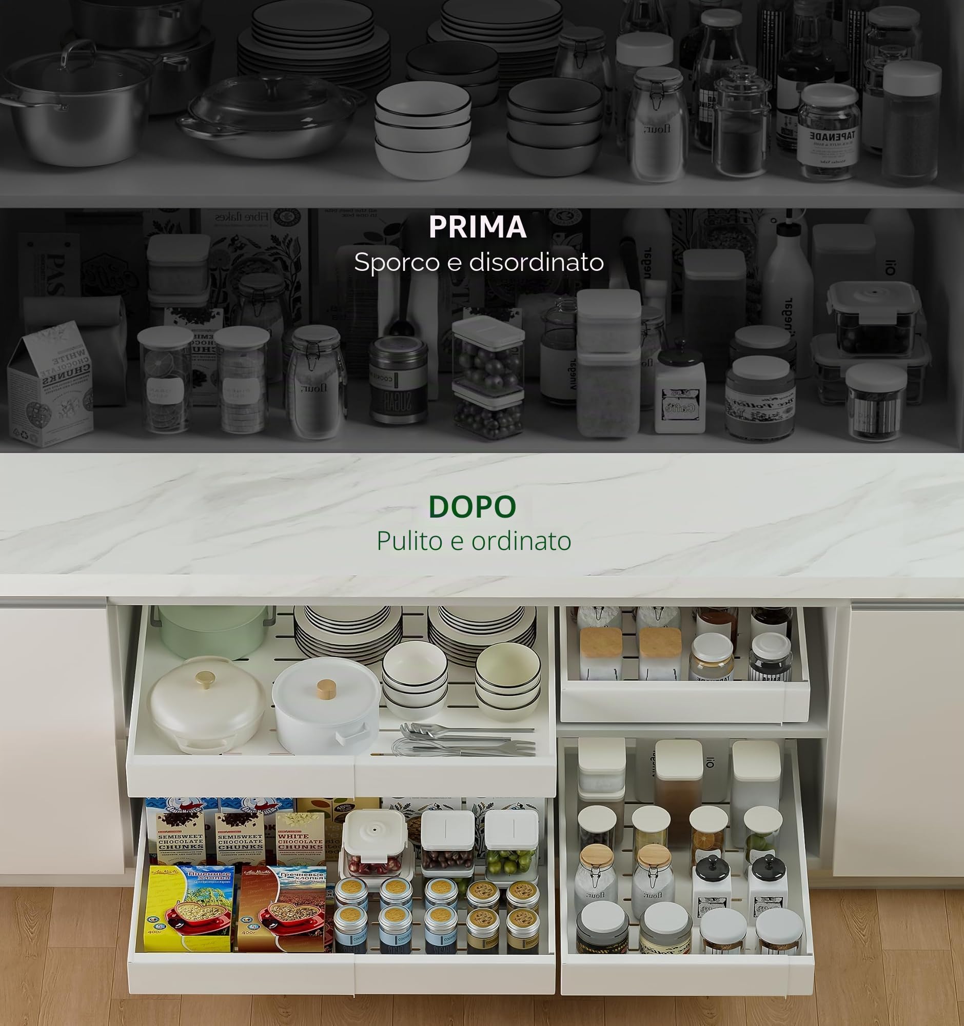 Cassetti Estraibili Per Cucina 2 pezzo, Cassetto Estraibile Cucina A Larghezza Regolabile, Cassetto Telescopico Cucina, Cassetti Scorrevoli Per Cucina (Bianco 32-52cm)