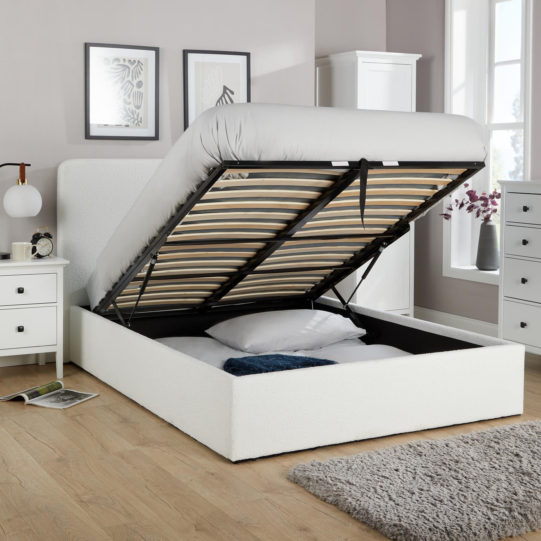 Home Source Bedroom King Sized 5ft Gas Lift Ottoman Storage Bed, Cream Boucle Fabric
