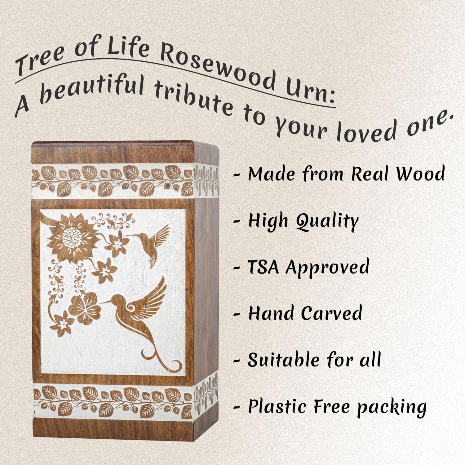 INTAJ Wooden Box Cremation Urn for Human Ashes Adult Male Women Humming Bird Handmade Pet Cat Dog Urn for Ashes Men Female Rosewood Burial Funeral Casket Urns Holds Up to 180 LBS