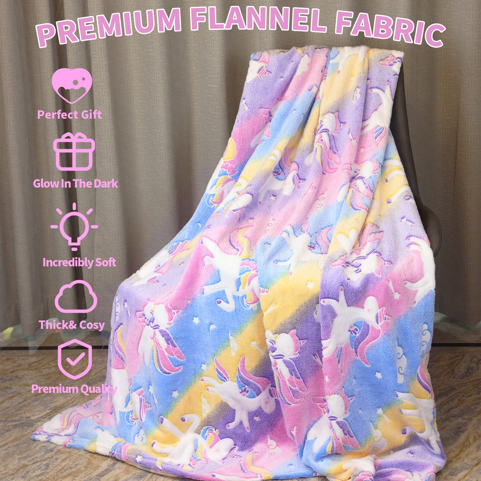 HSGLGNA Coperta per bambini, con unicorno, luce al buio, morbida coperta in flanella, per ragazzi e ragazze, divano (unicorno 03, 150 x 200 cm)