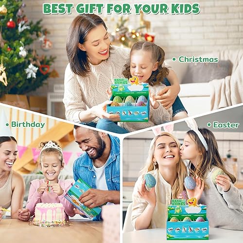 Miniatura 7 de Bombas de baño de huevos de dinosaurio para niños con sorpresa en el interior, 6 paquetes de juguetes de baño de dinosaurio para niños, niñas,