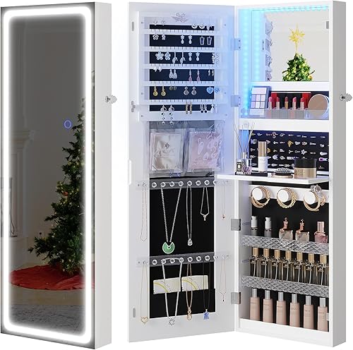 Armario de joyería con espejo, espejo de longitud completa con almacenamiento, armario de joyería de montaje en puerta de pared con 3 luces de