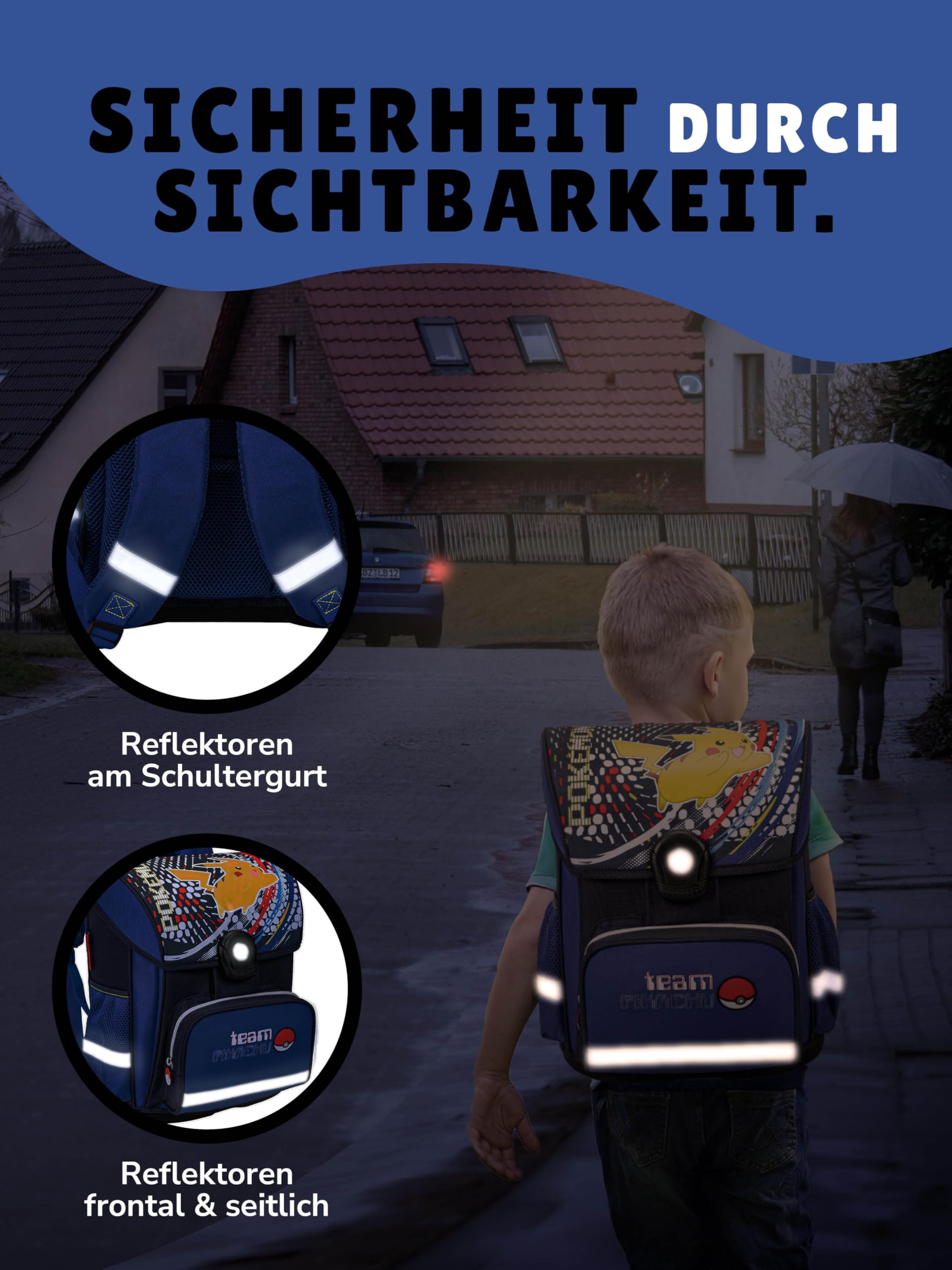 Familando - Schulranzen Set 6-teilig mit Sporttasche - Pokémon mit Pikachu Motiv - Ergonomisch, stabil & mit gepolstertem Rücken - 990g leicht, 16L Volumen - Mit Reflektoren - ab 1. Klasse