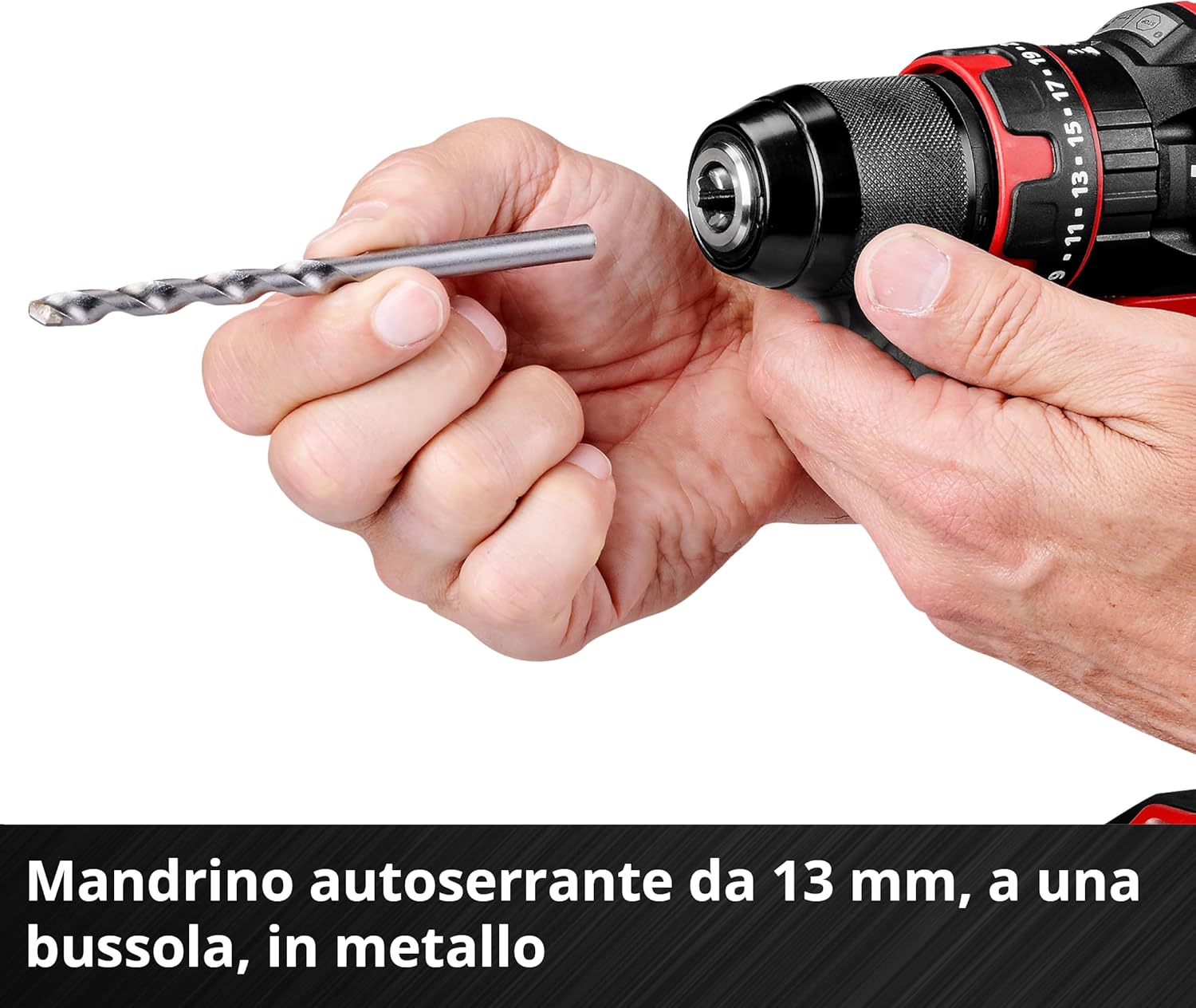 Close-up of the 13mm metal keyless chuck of the Einhell drill, with a drill bit held next to it.