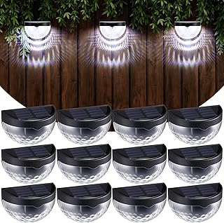 12 Pcs Solar Fence Lights Solar Deck Lights Solar Wall Lights Solar Powered Wall Mount Outdoor Waterproof Fence Lamp Lighting for Fence Deck Patio Yard Garage Step Stair White 6 LED