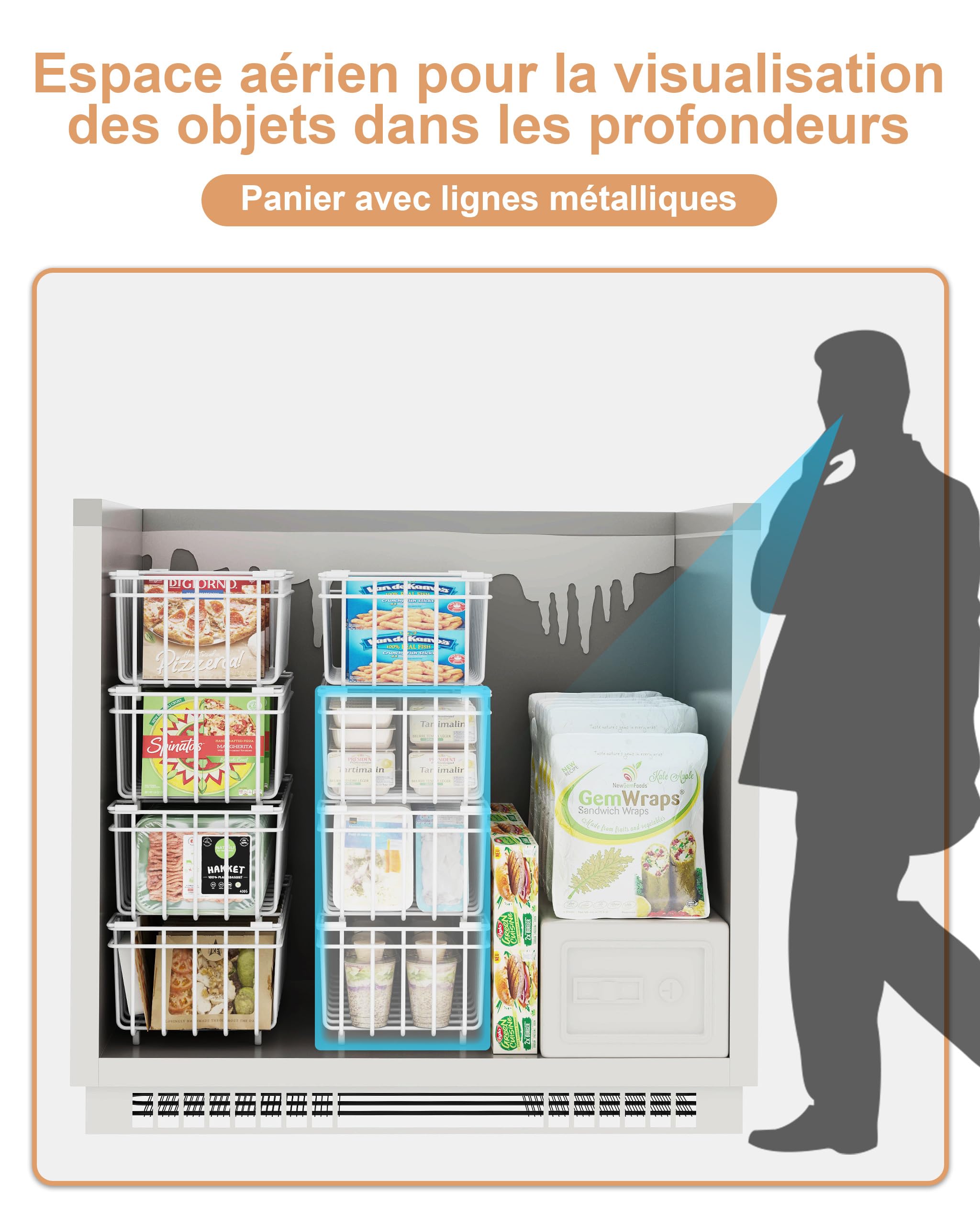 UMDONX 4 Pièces Paniers de CongéLateur Coffre - Poignée Empilable Paniers de congélation,accès facile, pour 198L congélateur,Organiser les ingrédients congelés (37x18x15cm)-Blanc