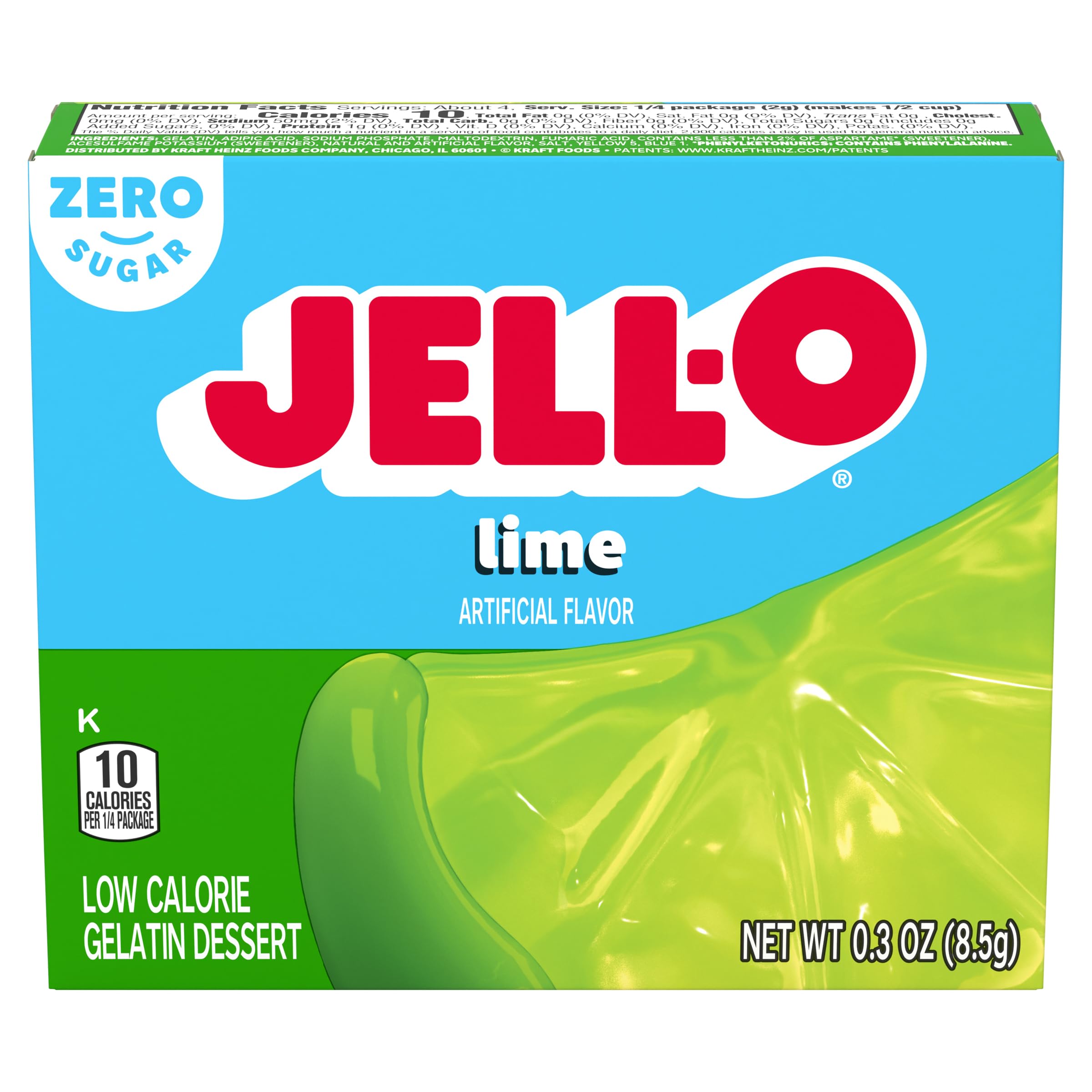 Jell-O Lime Artificially Flavored Zero Sugar Low Calorie Gelatin Dessert Mix, 0.3 oz Box (4 Pack)