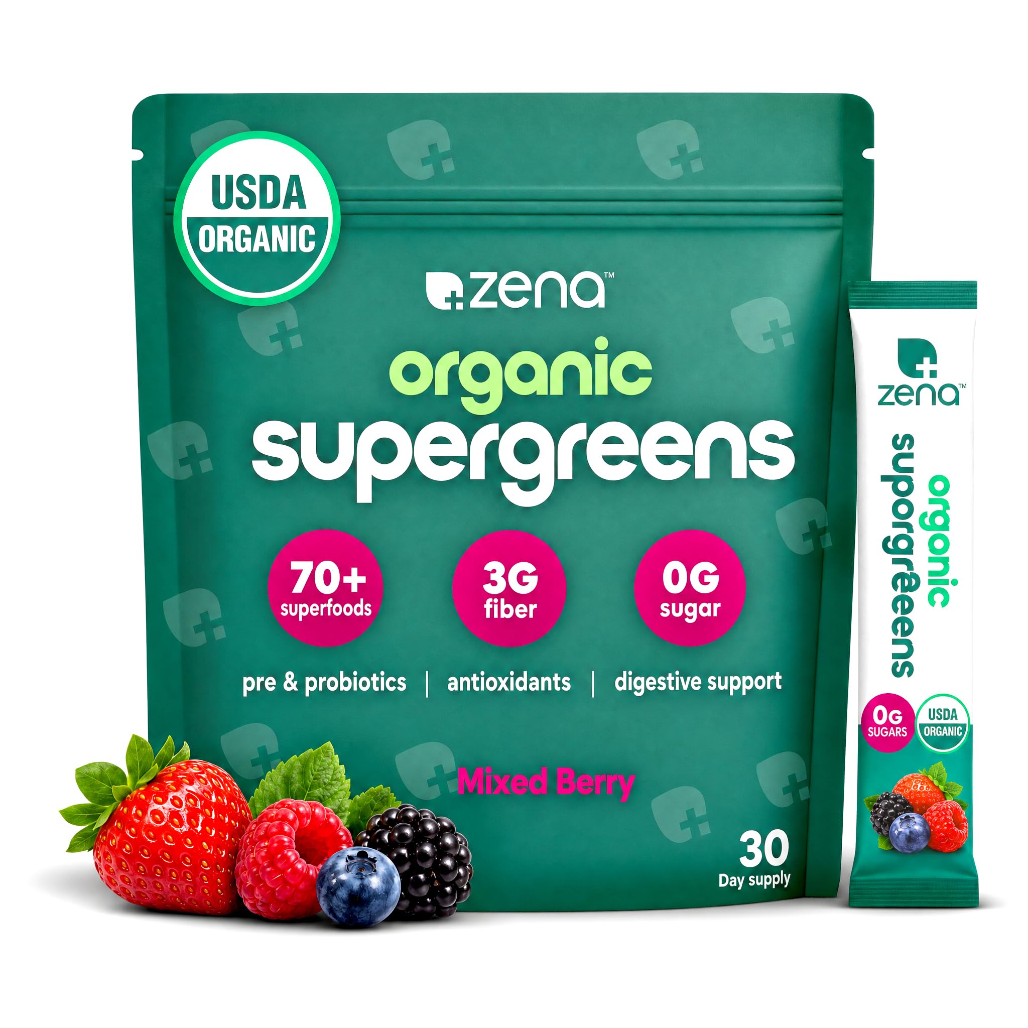 Zena Nutrition Organic Super Greens Powder, Mixed Berry, 30 Packets Mixed Berry Stick Packs