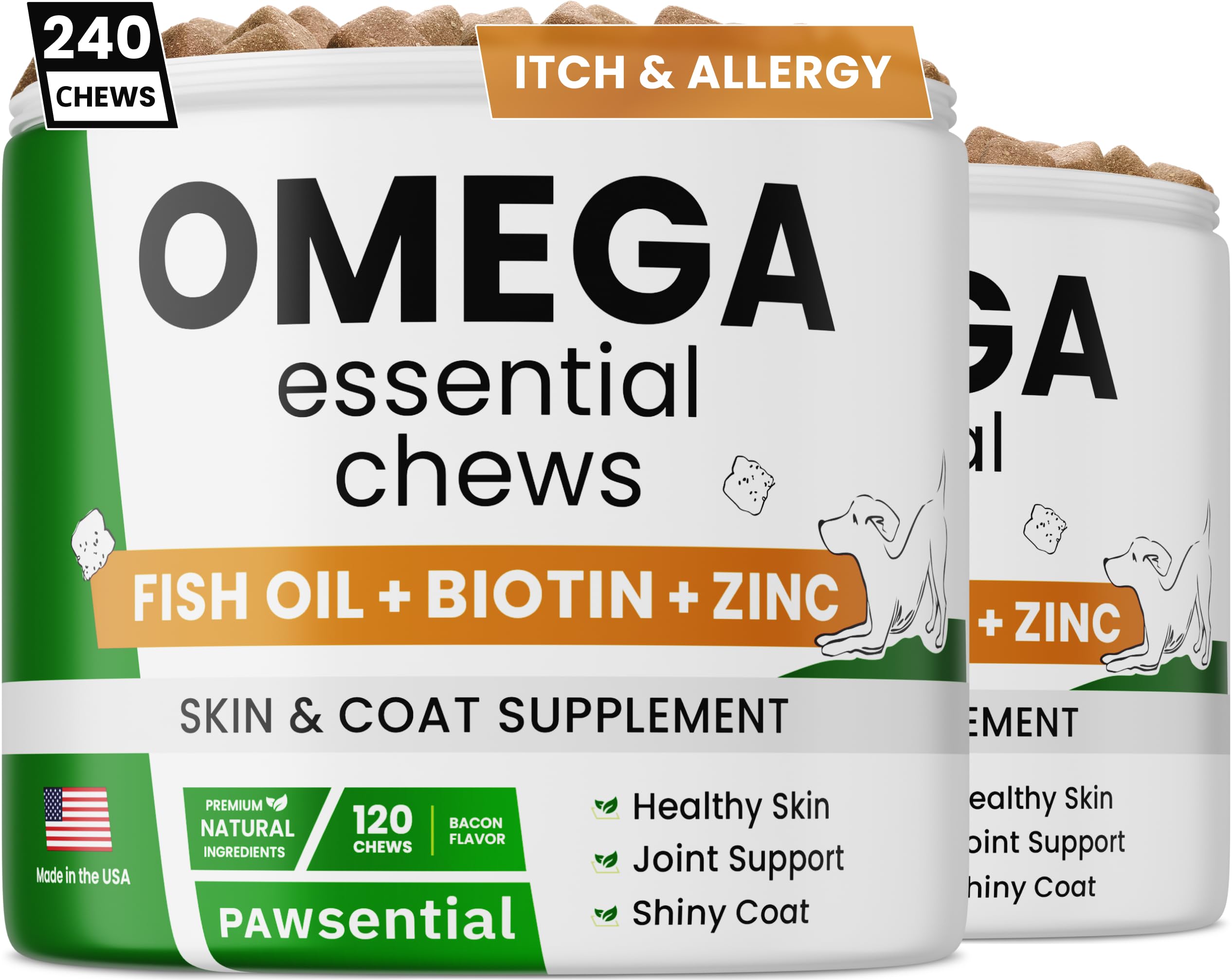 Omega 3 for Dogs - for Dry Itchy Skin - Fish Oil Chews - Skin & Coat Supplement - Itch Relief, Allergy, Anti Shedding, Hot Spots Treatment - w/EPA & DHA - Vitamins - Made in USA - Bacon - 240 Treats