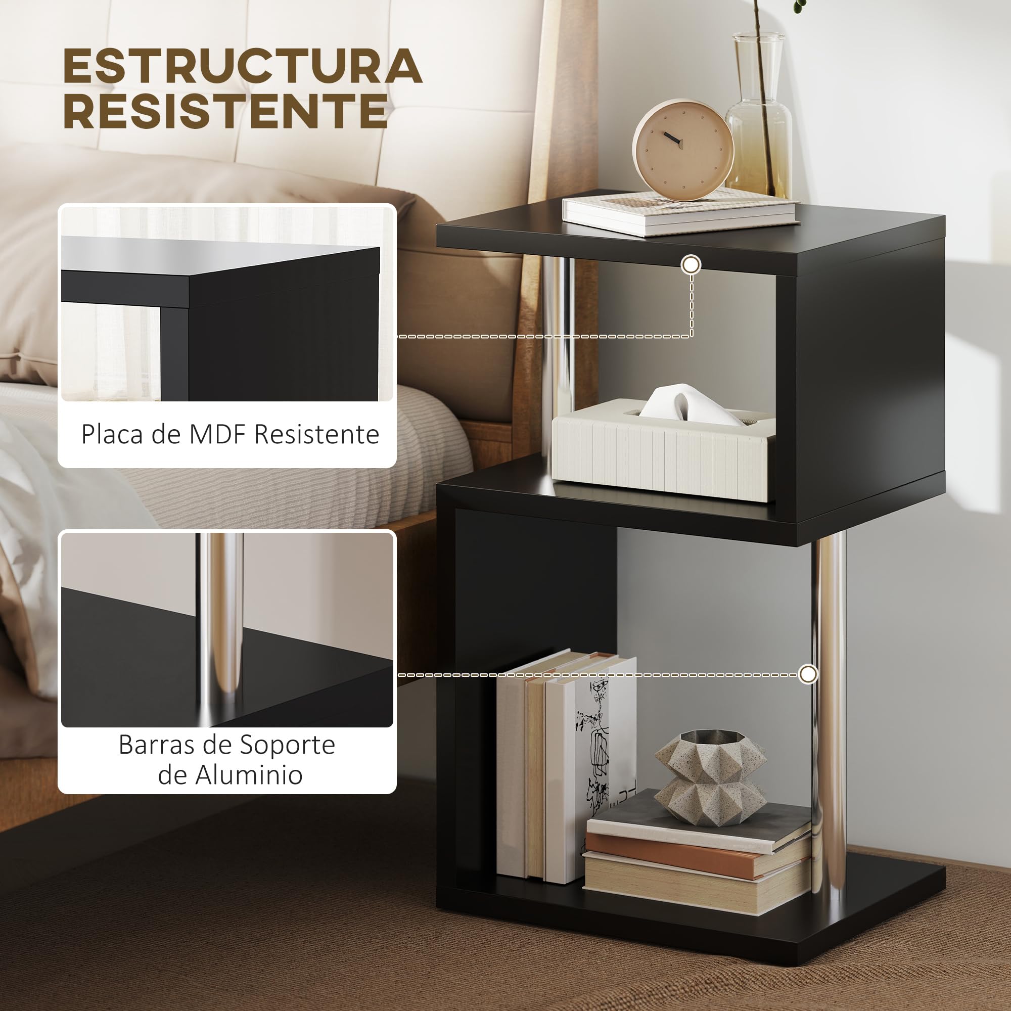 HOMCOM Mesa Auxiliar Luz LED de 3 Niveles 44x38x75 cm Negro Brillo