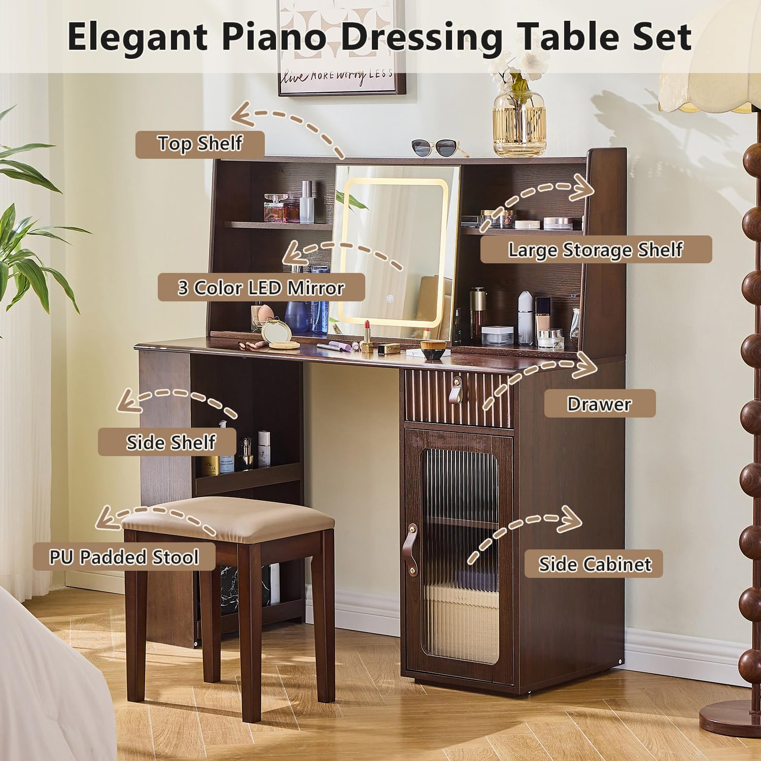 Merax Piano Shaped Makeup Vanity Desk with Mirror and Lights, Retro Elegant Wood Vanity Table with Shelves & Drawer & Cabinet, Beauty Station for Bedroom Dressing Room (Walnut Color)