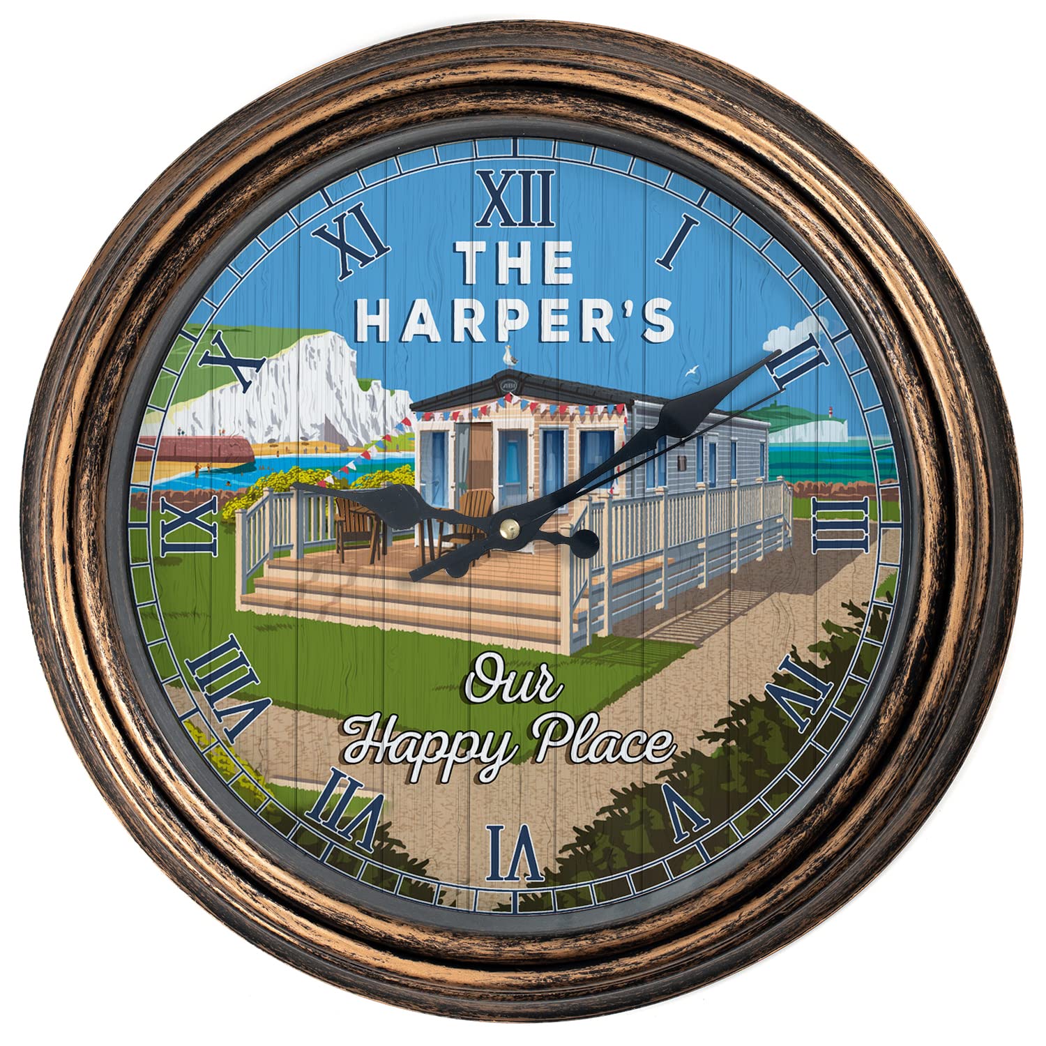 KRAFTYGIFTS Personalised Caravan Clock Round Hanging Glass Wall Static Caravanning Clock Beautiful Coast Seaside Holiday Home Park Birthday Gift KRC72 (Bronze)