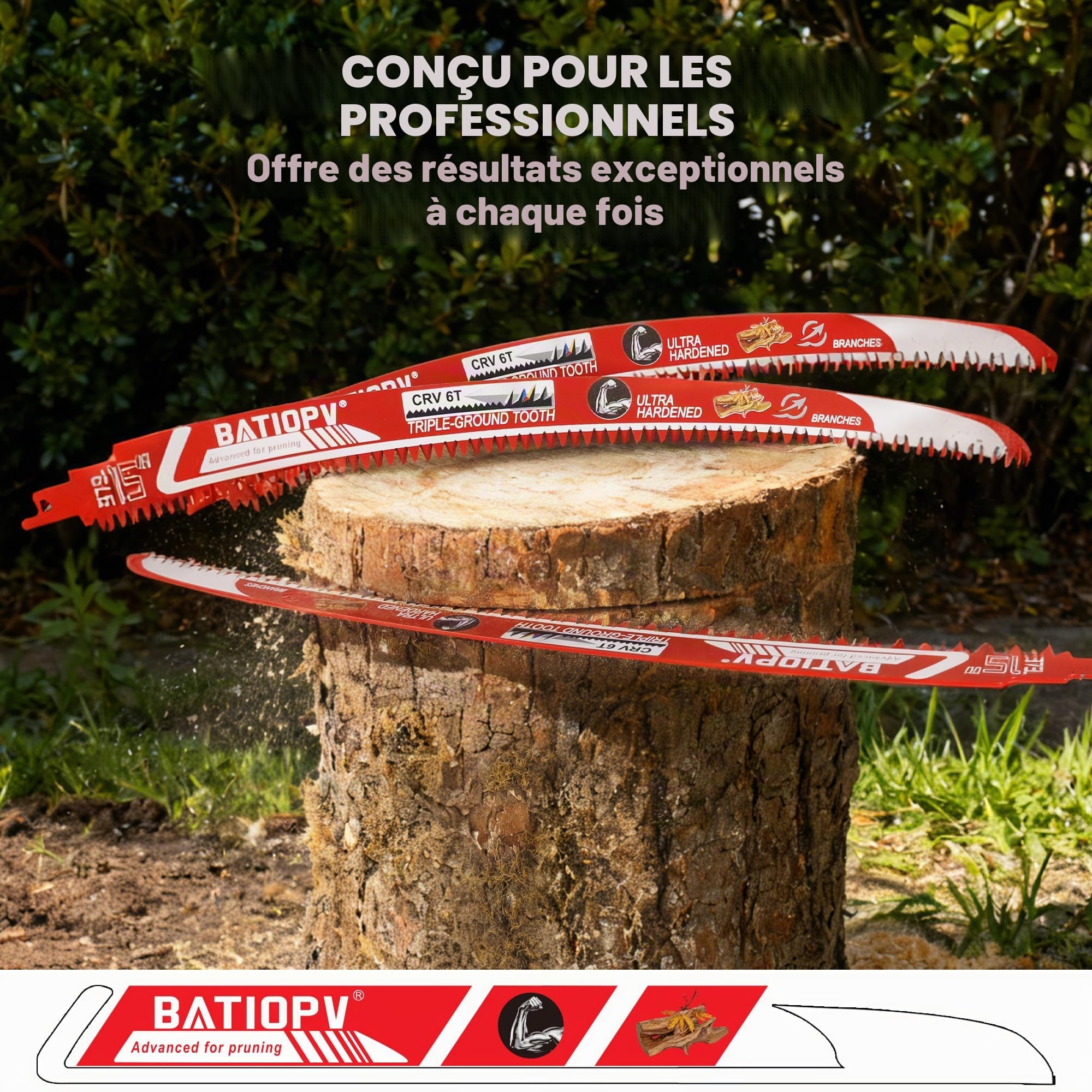 Lames de scie sabre 3 pièces 375 mm – 6 TPI dents japonaises – Lames courbées pour bois, élagage, bois de chauffage, bois sec et vert