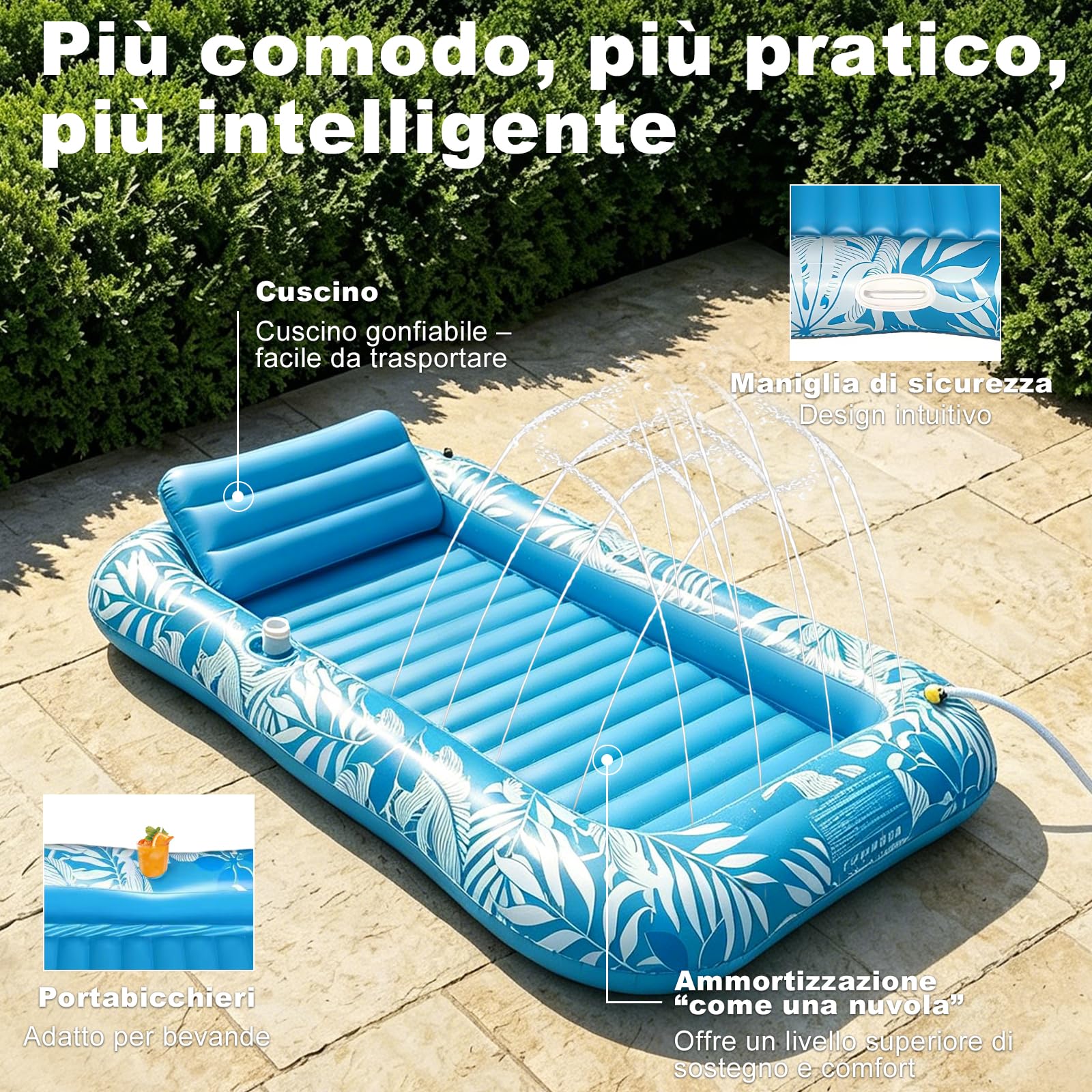 Balakaka Galleggianti da Piscina per Adulti 208×130 cm, Spray Design, Tanning Pool Sdraio Gonfiabile con Portabevande, Grande Materassino Gonfiabile Mare per Partito Spiaggia