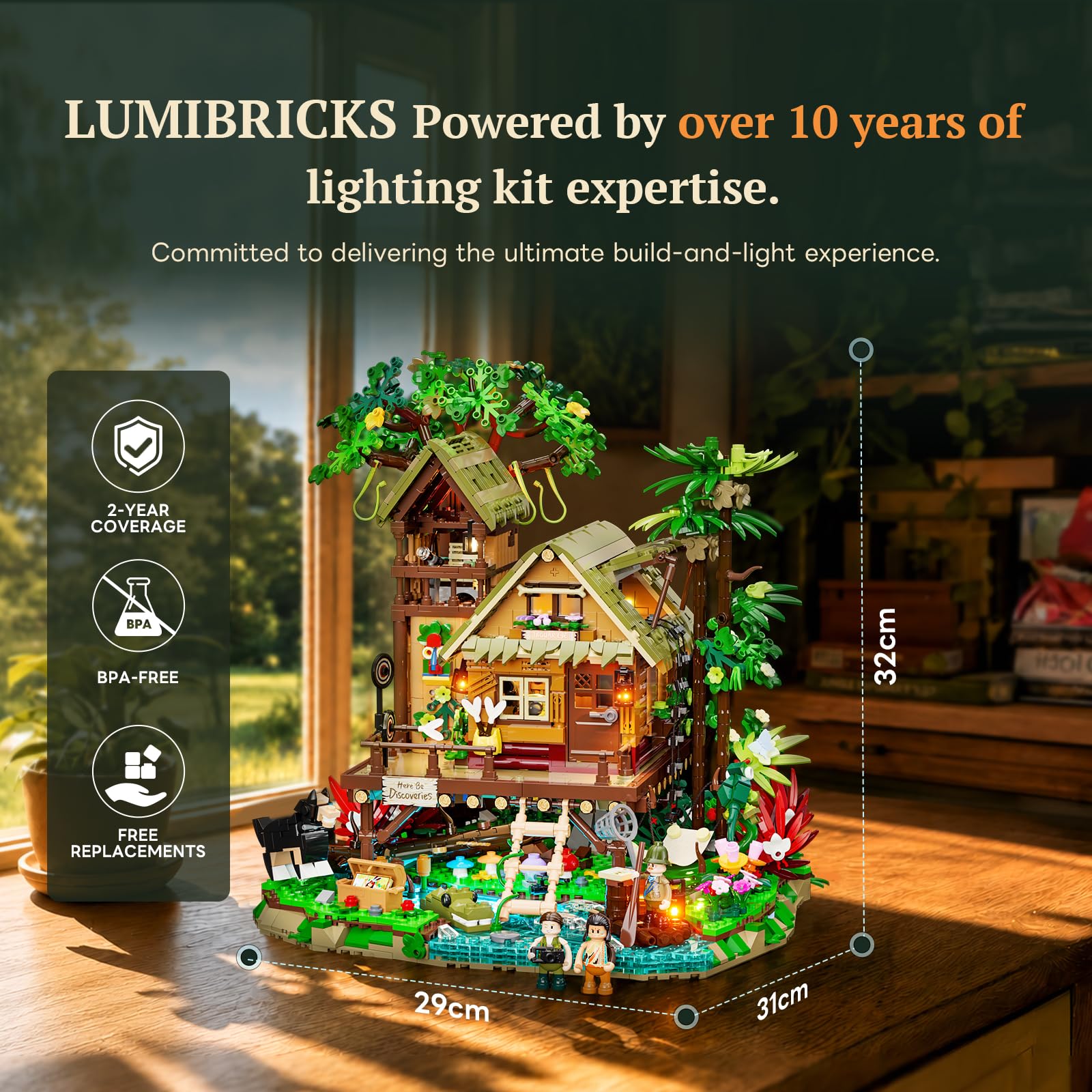 Lumibricks Misty Forest Cabin beleuchtetes Klemmbaustein-Set, 2867 Teile, Tropische Regenwald-Pfahlhütte mit verstecktem Nebelmodul und Glühwürmchen-Beleuchtung, Ausstellungsmodell für Erwachsene