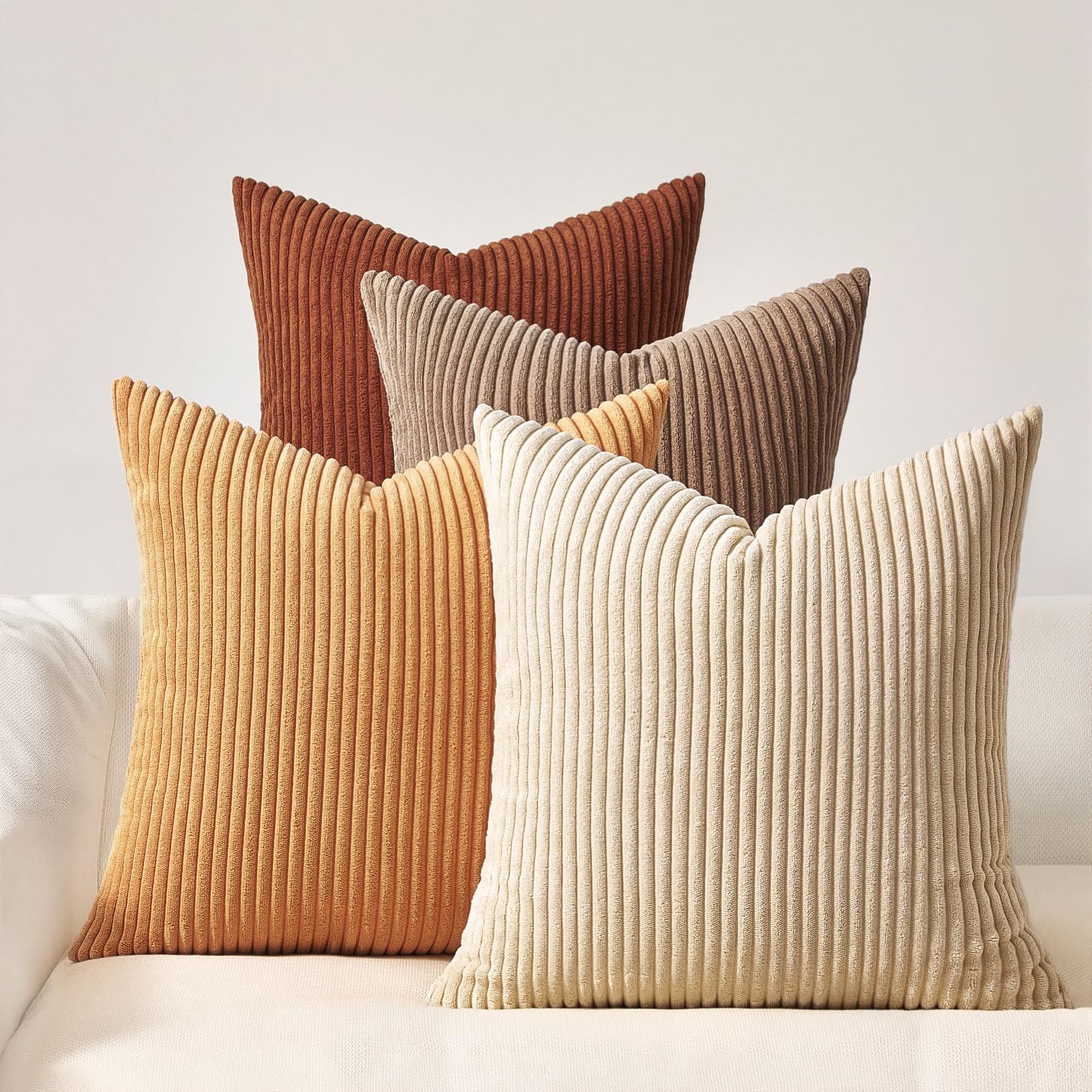 Topfinel Yellow Brown Gradient Rustic Pillow Case Boho Throw Pillow Covers 22x22 Inch Set of 4 Soft Farmhouse Corduroy Striped Decorative Cushion Cover for Sofa Couch Living Room Bedroom Yellow Brown 22" x 22" (Pack of 4)