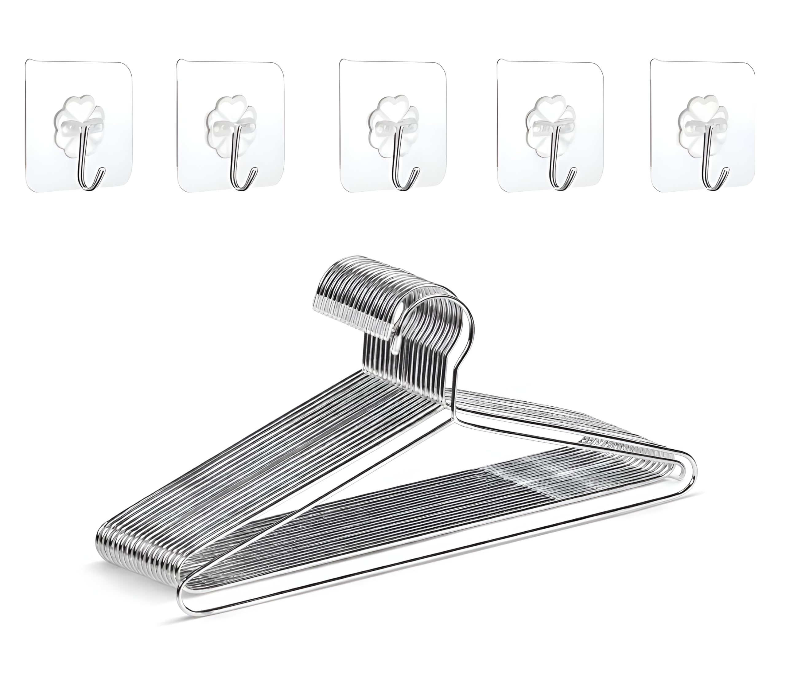 PulGos 12 Metal Clothes Hanger + 5 Pack Transparent Single Hooks Combo |Rust Free & Heavy Duty |Non-Slip| Lightweight & Durable |Smooth Finish Design| Space-Saving Wardrobe & Closet Organizer Hangers