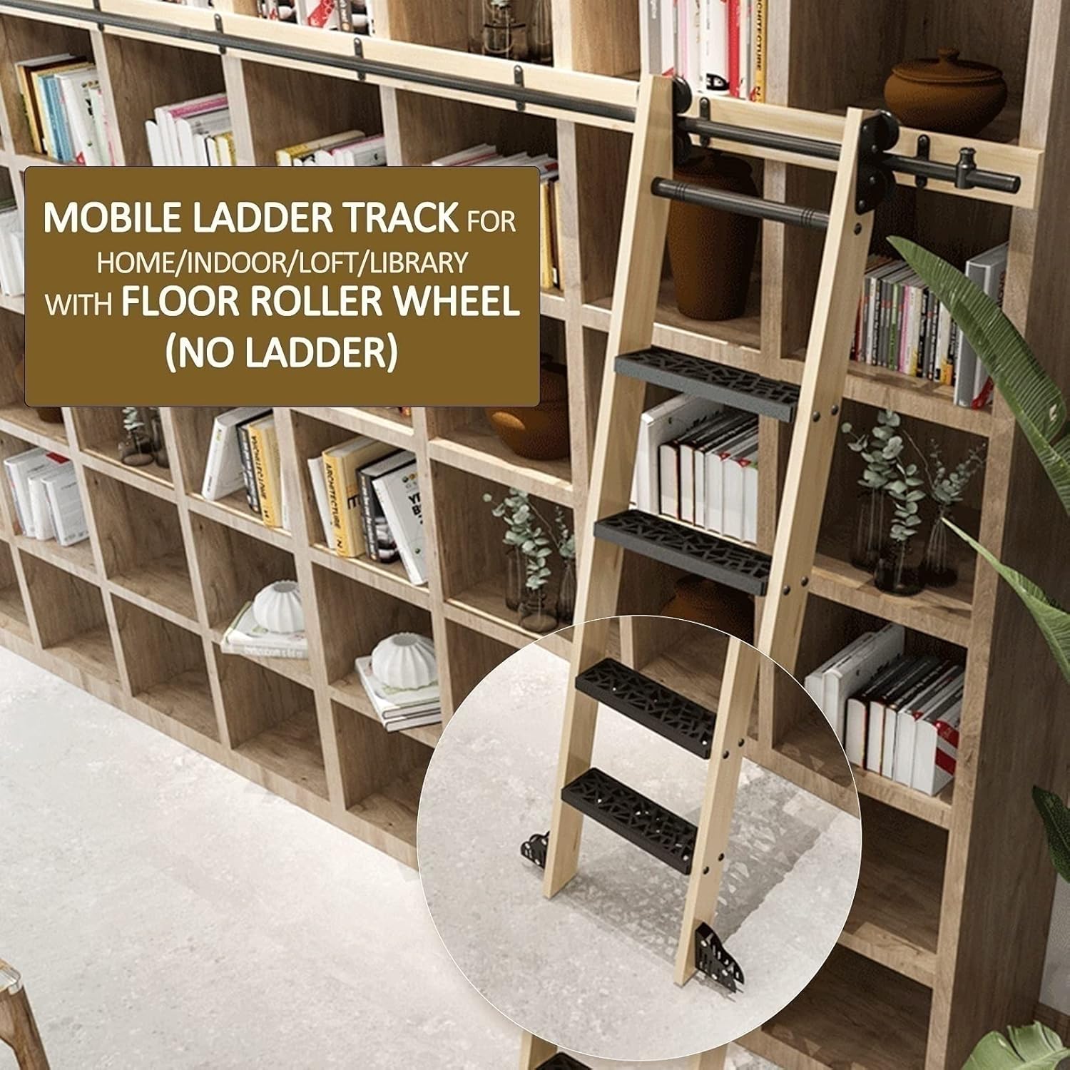 Sliding Library Ladder Round Tube Rails, Rolling Library Ladder Hardware Kit with Floor Brake Rollers & 3.3ft-26.2ft Rail/Track