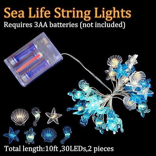 Miniatura 4 de Zhanmai 2 piezas de luces de cadena para decoración marina temática náutica de conchas y caballitos de mar para dormitorio, 10 pies, 30 luces LED,