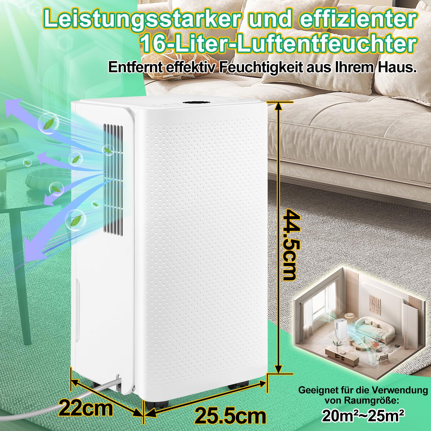 Osuszacz powietrza o pojemności 16 l na 24 h, do pomieszczeń ok. 160 m³ 60 m²), 4 tryby pracy, wskazówki dotyczące temperatury i rury wydechowej, funkcja timera i